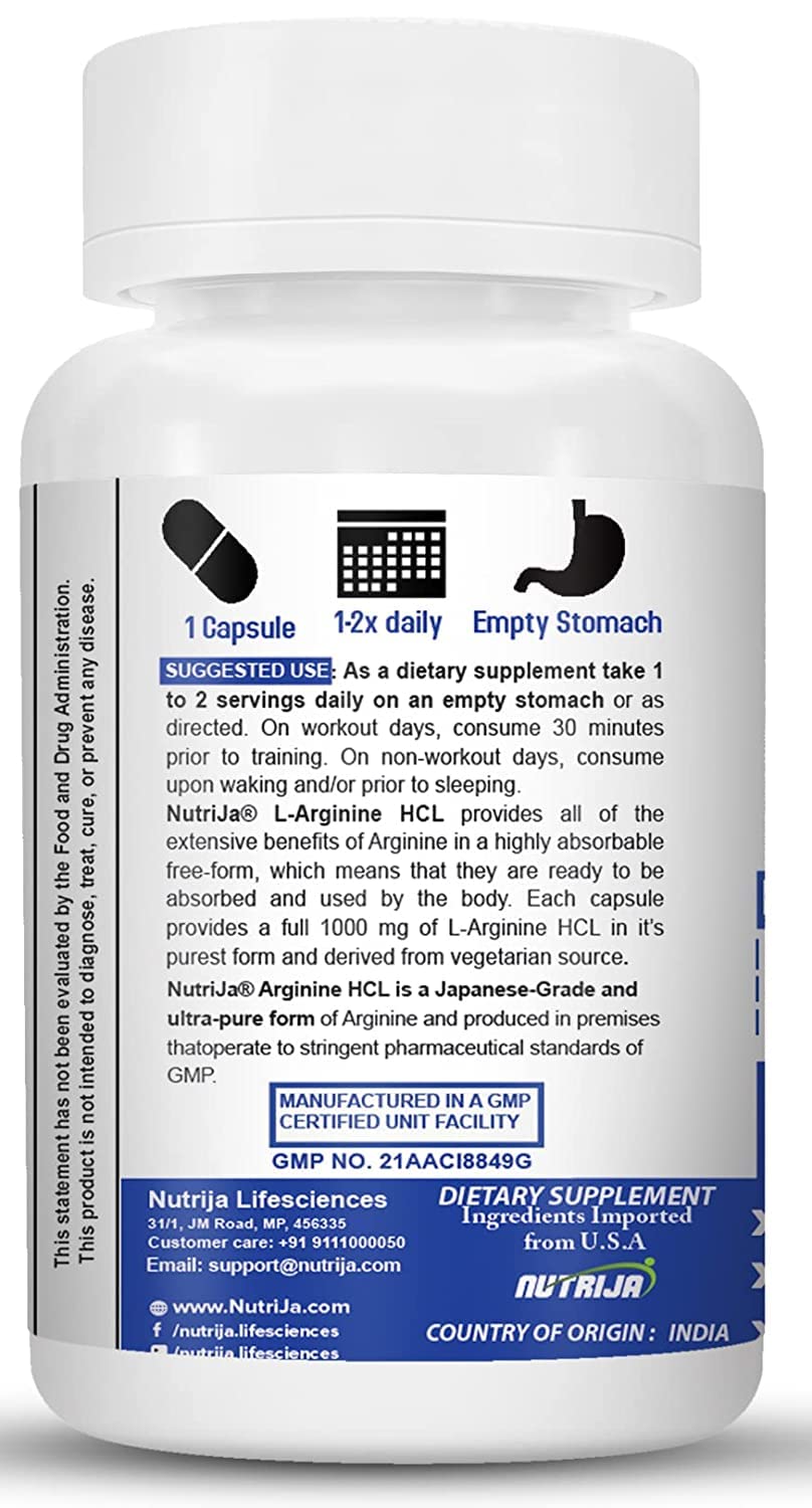 Close-up of NutriJa L-Arginine HCL label showing 1500mg potency.