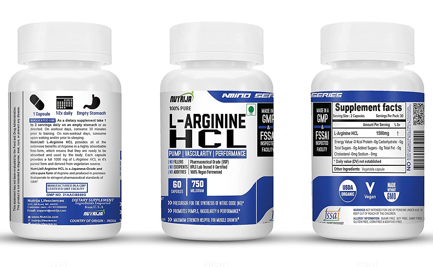 NutriJa vegan-friendly L-Arginine HCL capsules with clean ingredients.
