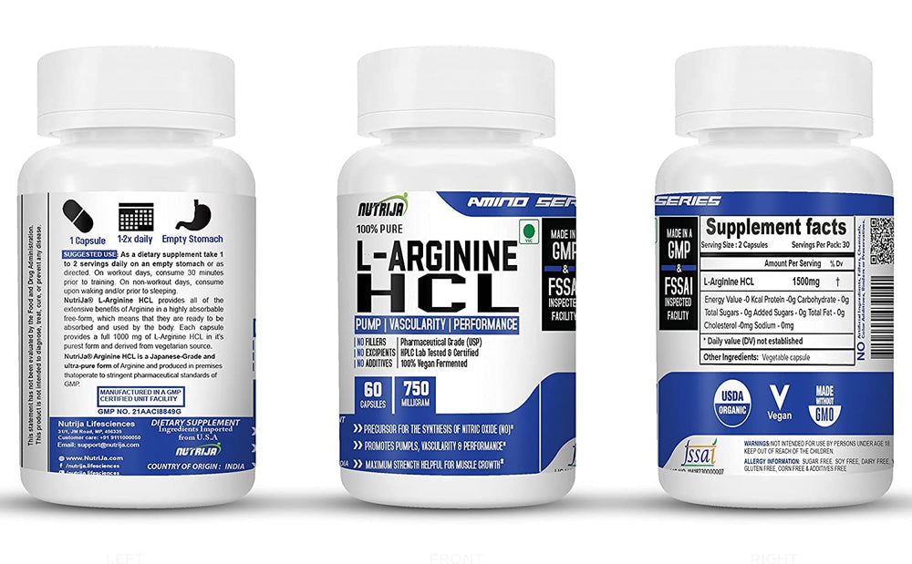 NutriJa vegan-friendly L-Arginine HCL capsules with clean ingredients.