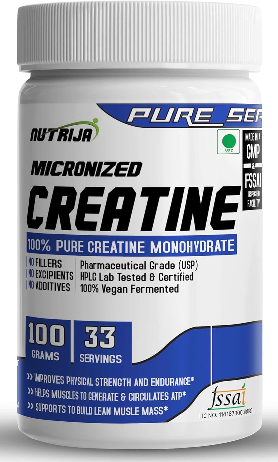 NutriJa Pure Creatine bottle label showing unflavored formula for clean gains.