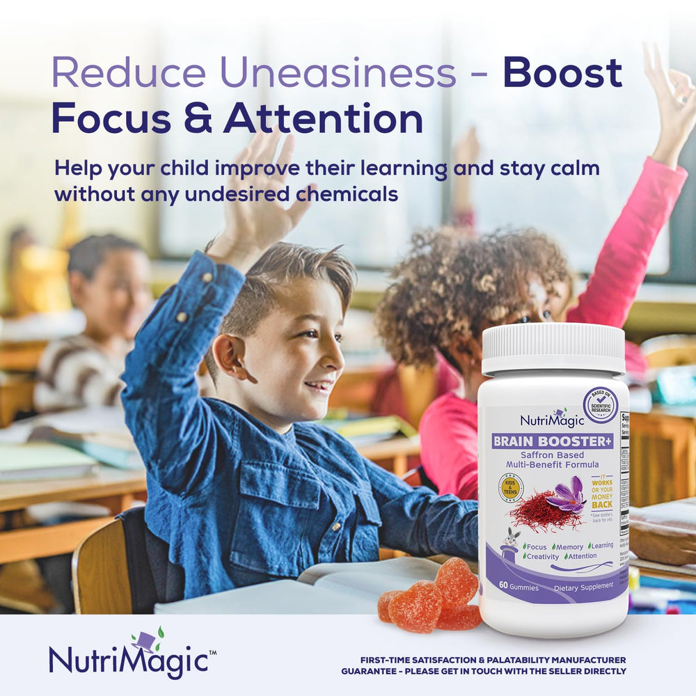 NutriMagic Brain Booster+ gummies being given to a child after school.