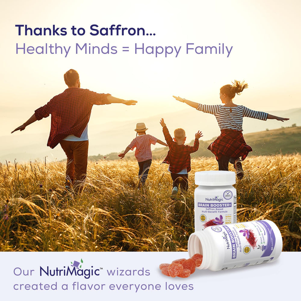 NutriMagic Brain Booster+ happy kid after taking gummies, suggesting mood balance.