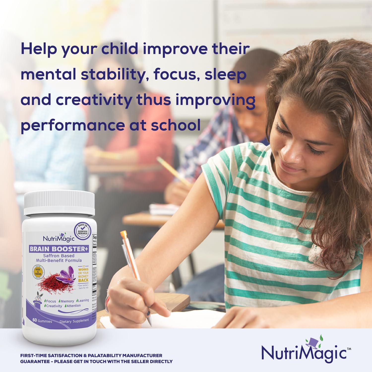 NutriMagic Brain Booster+ label detail emphasizing clean, allergen-friendly ingredients.