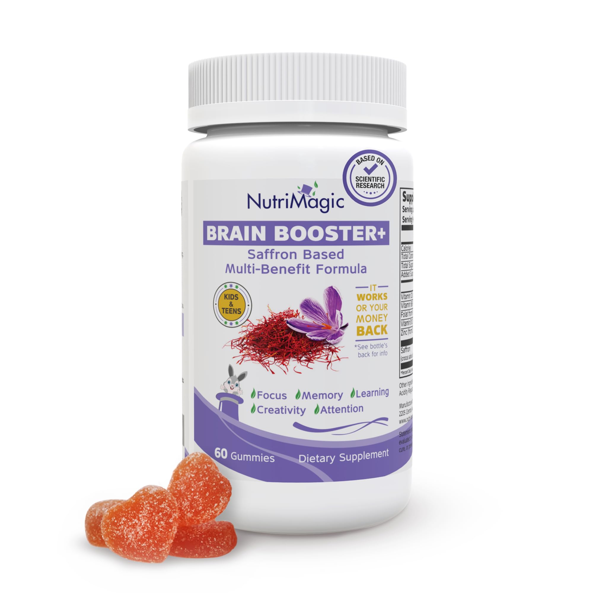NutriMagic Brain Booster+ saffron gummies bottle supports focused learning for kids.