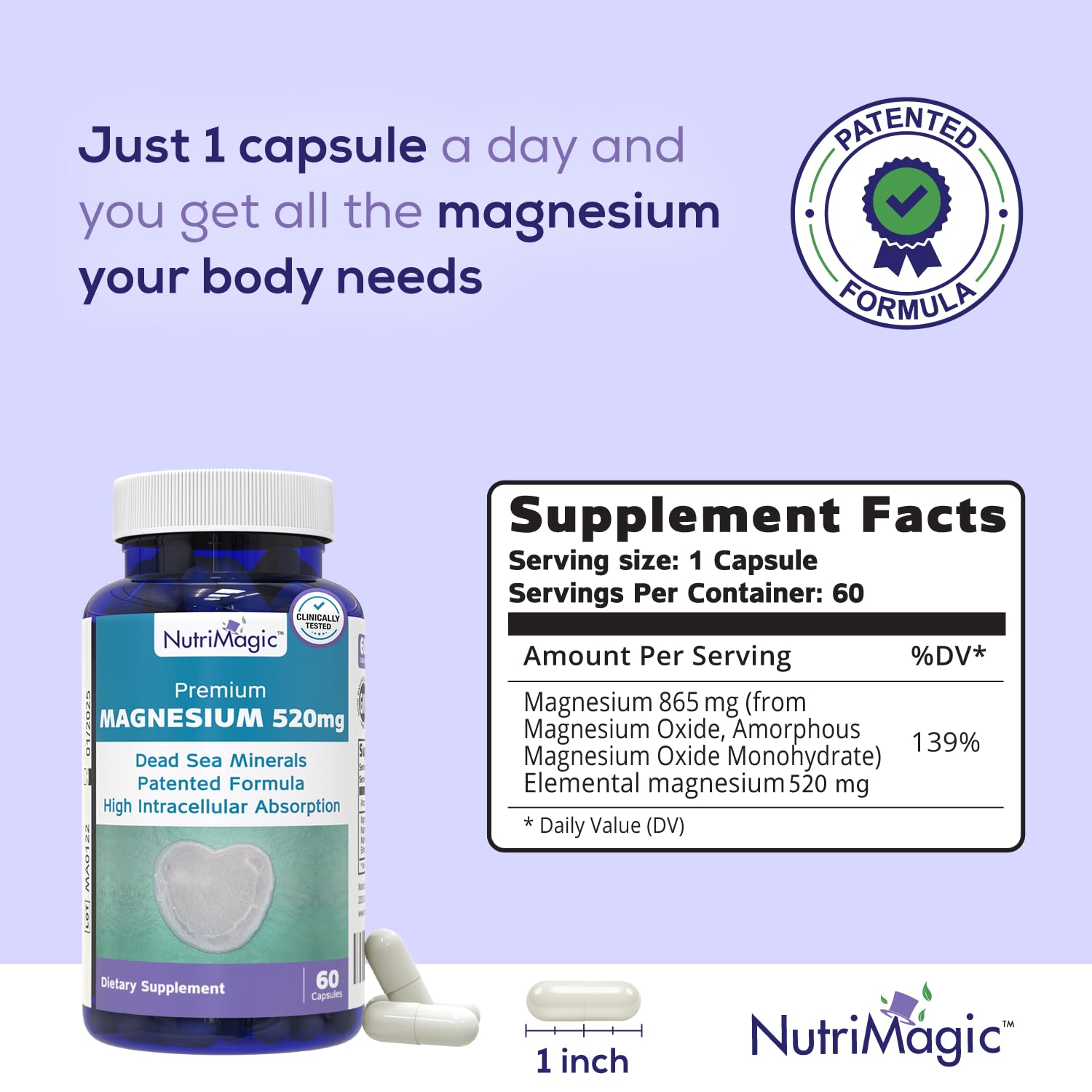 NutriMagic capsule close-up showing high-absorption magnesium in a single dose