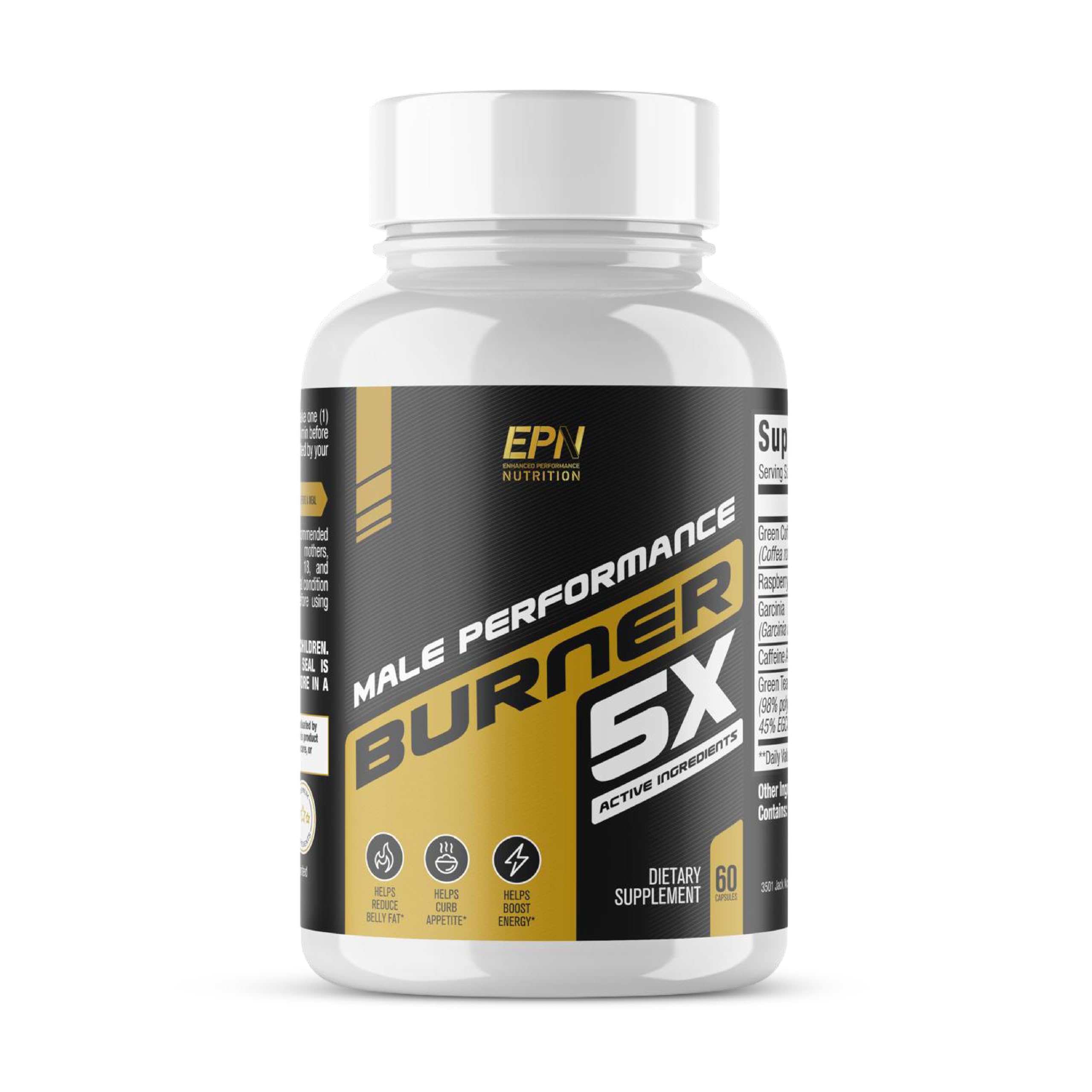 Nutrimend IQ Male Performance Burner bottle closeup highlighting energy support and fat loss potential.