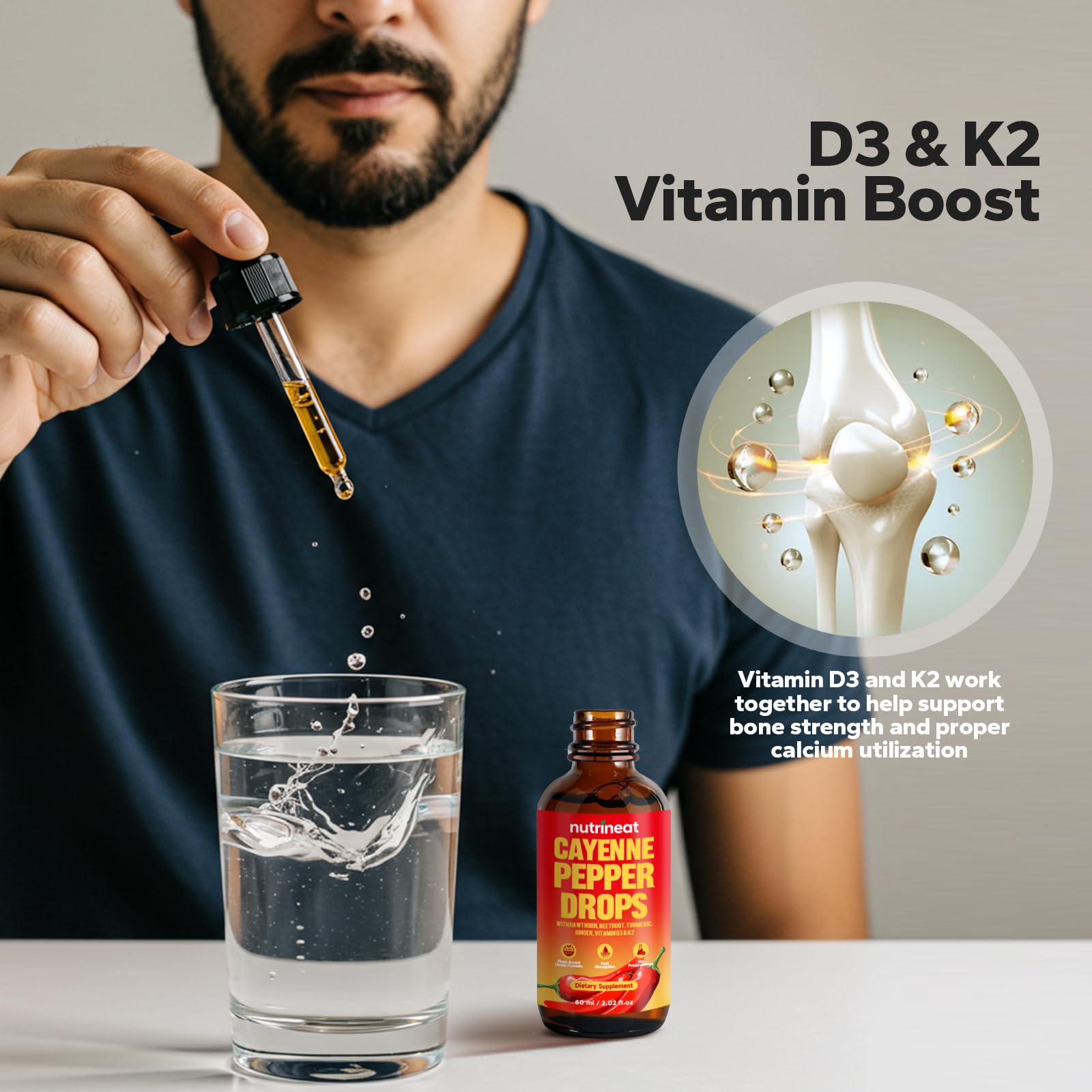 NutriNeat Cayenne Pepper Drops bottle label highlights D3 and K2
