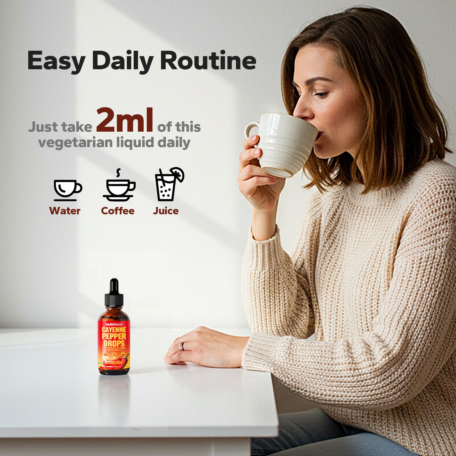 NutriNeat Cayenne Pepper Drops ready for morning or night routine
