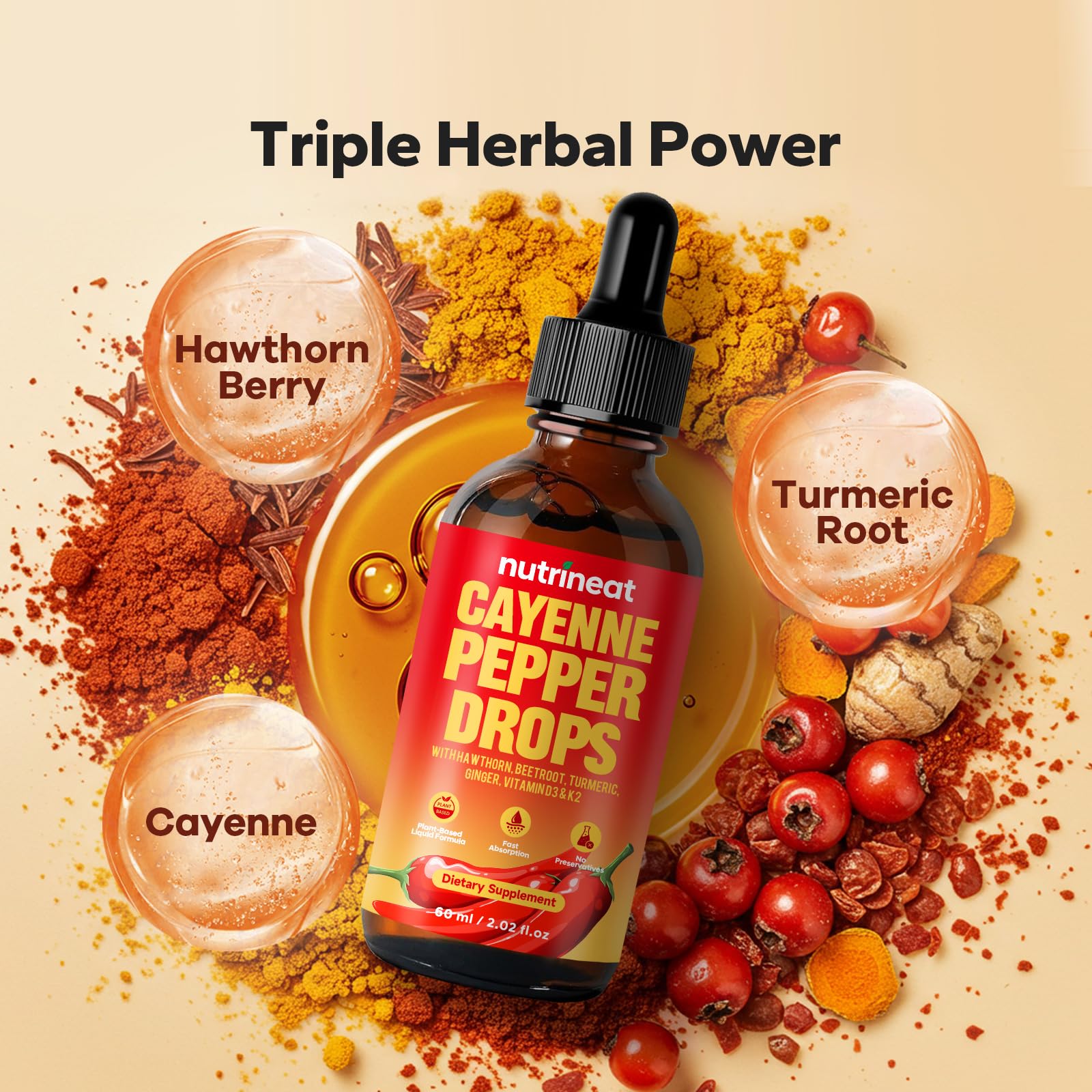 NutriNeat Cayenne Pepper Drops dropper ensures precise dosing for easy integration