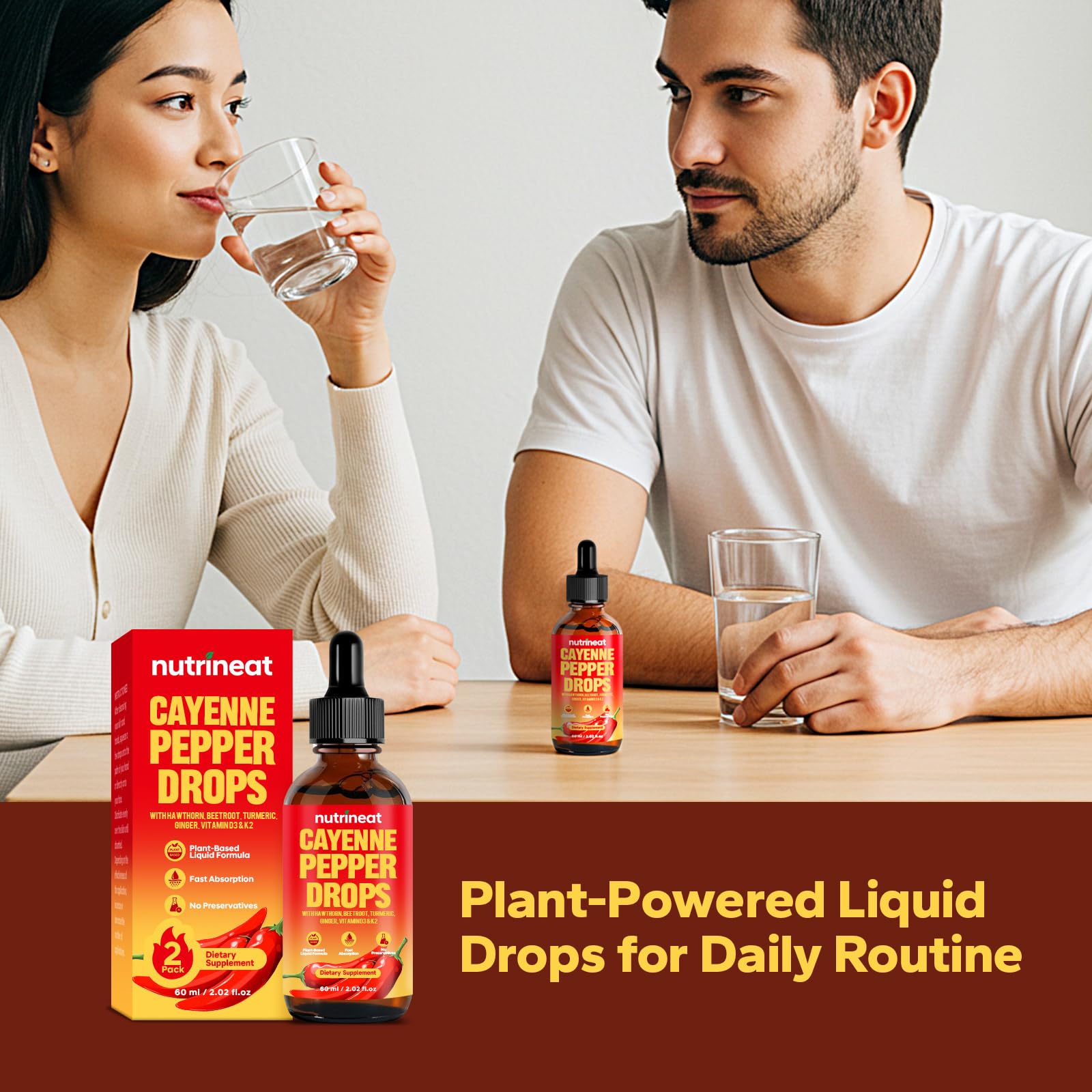 NutriNeat Cayenne Pepper Drops mix easily into water or juice