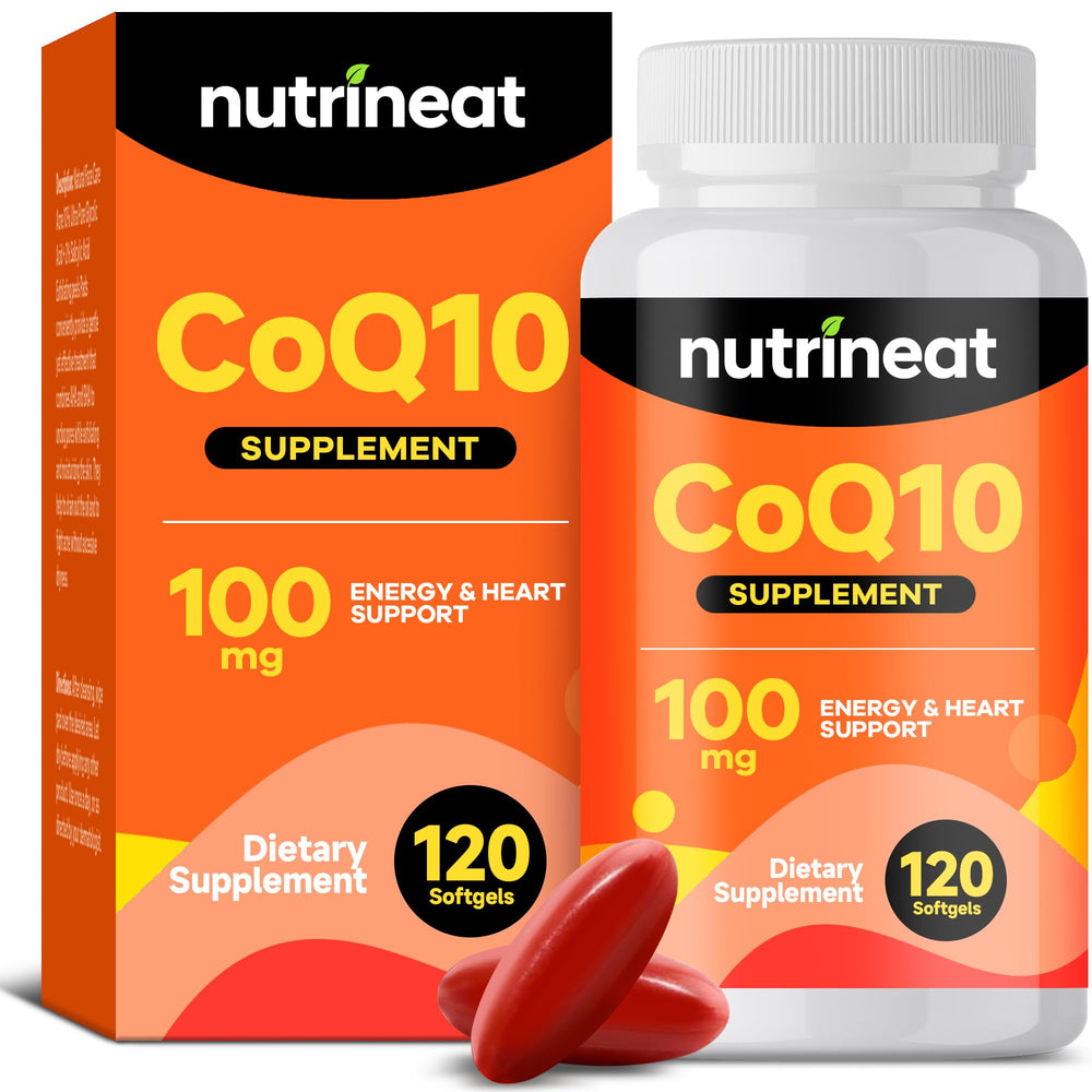 NutriNeat CoQ10 softgels bottle pouring, easy daily energy support