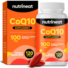 NutriNeat CoQ10 softgels bottle pouring, easy daily energy support