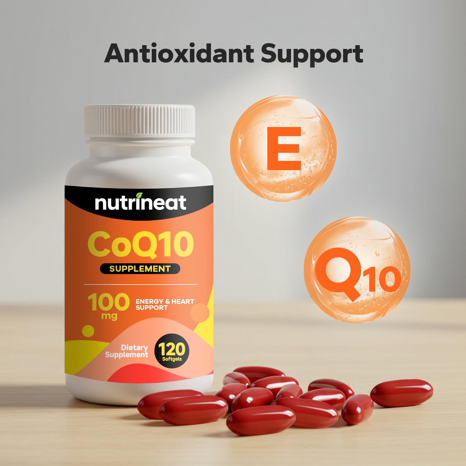 NutriNeat CoQ10 softgels label view, gluten-free formula