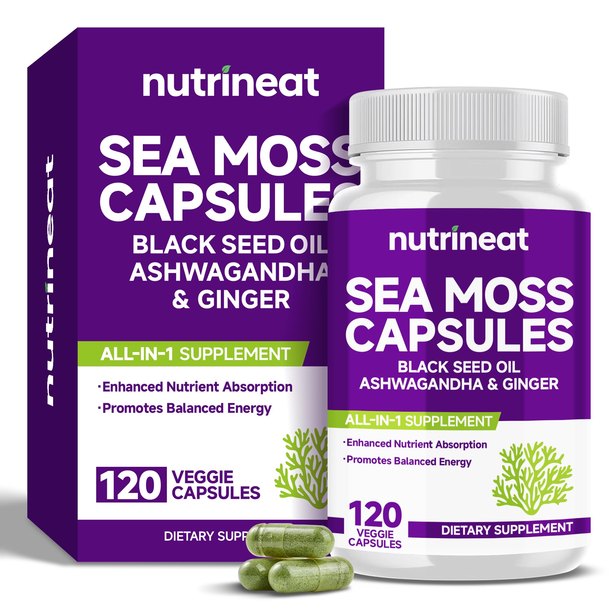 NutriNeat Sea Moss Capsules bottle showing a clean daily immune support routine.