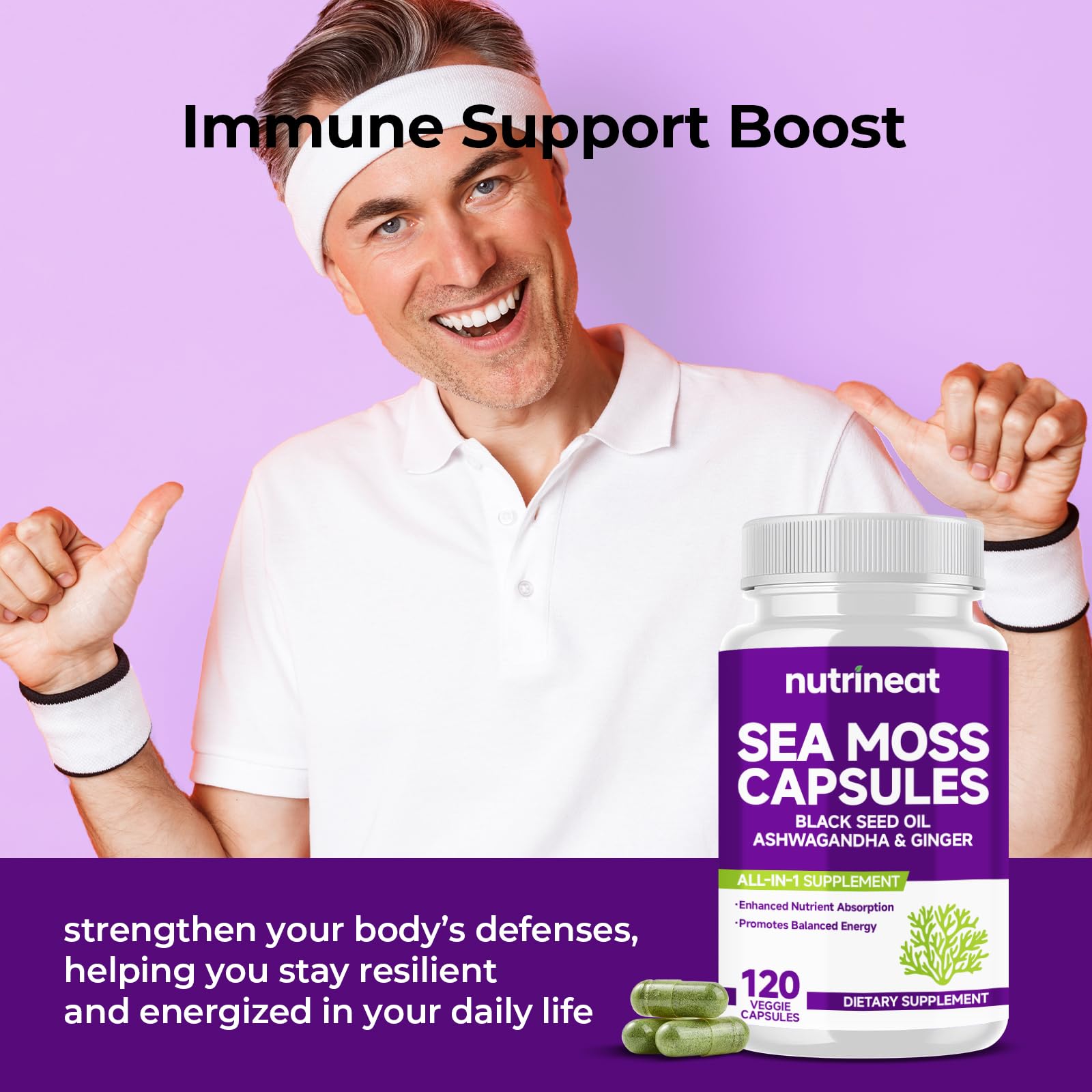 NutriNeat Sea Moss Capsules daily-use layout with two capsules per meal.