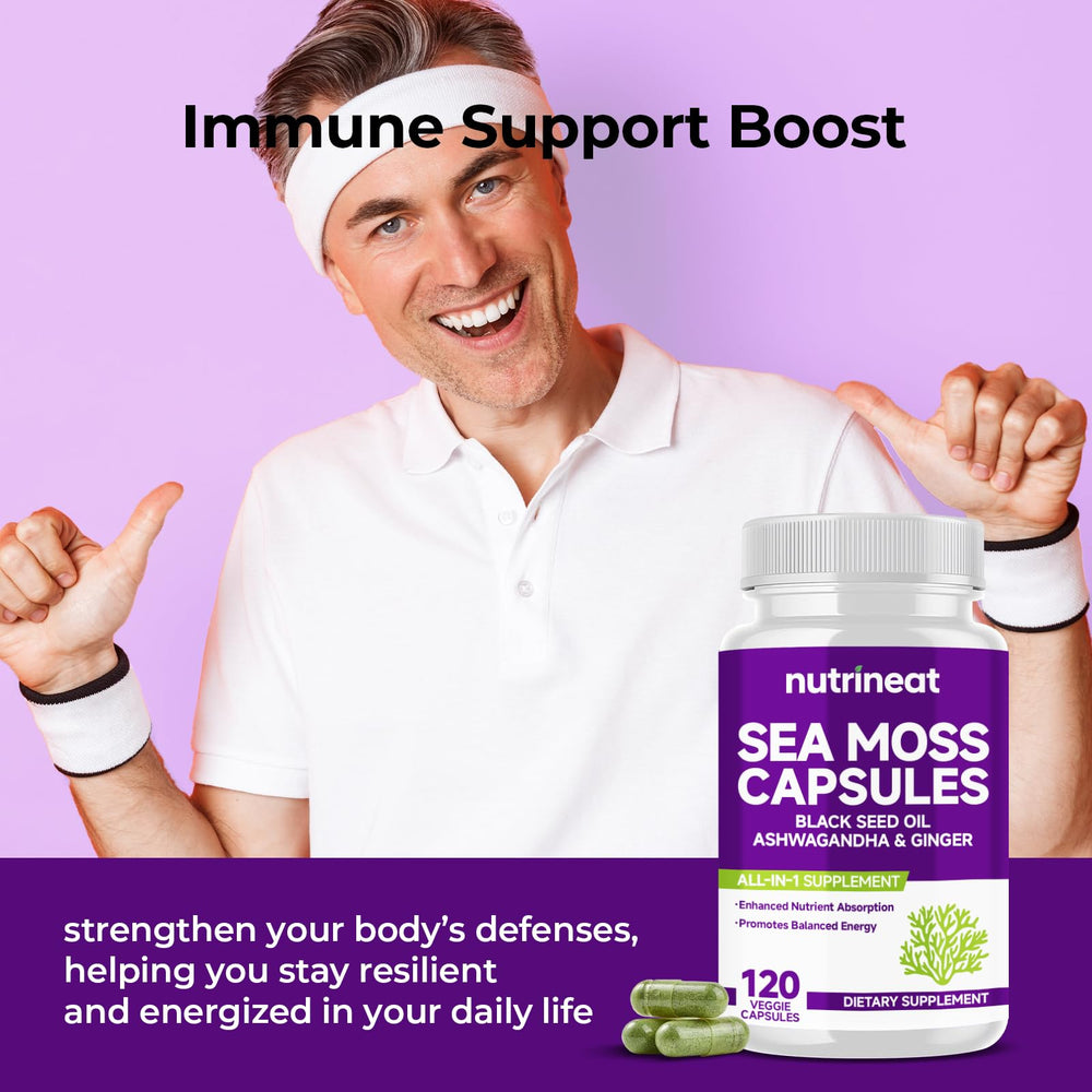NutriNeat Sea Moss Capsules daily-use layout with two capsules per meal.