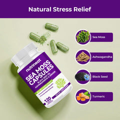 NutriNeat Sea Moss Capsules label closeup with clear nutrient details.