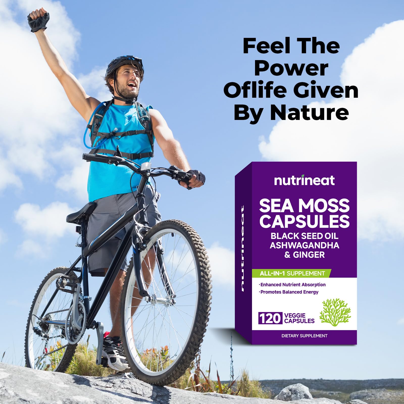 NutriNeat Sea Moss Capsules packaging emphasizing practical bottle design.