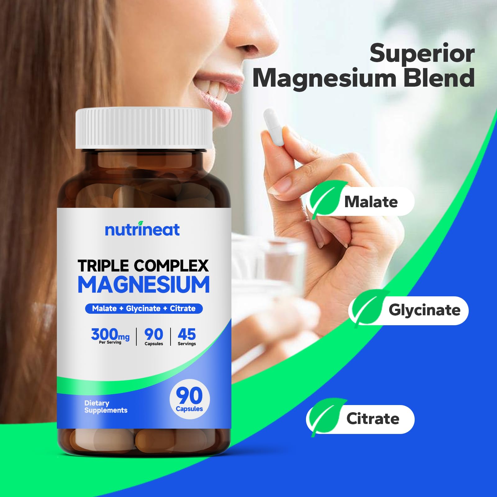 NutriNeat capsules close-up highlighting the high-absorption magnesium blend.
