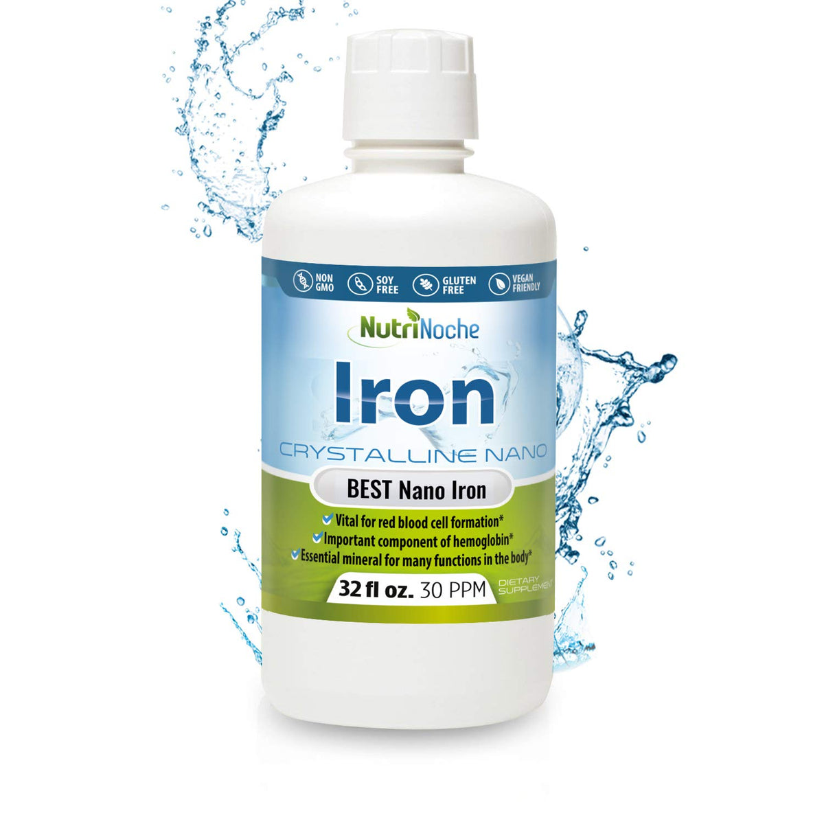 NutriNoche Liquid Iron bottle pour shows easy daily dosing for flexible iron support.