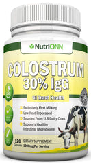 NutriONN Colostrum bottle front shows 30% IgG for immune support.