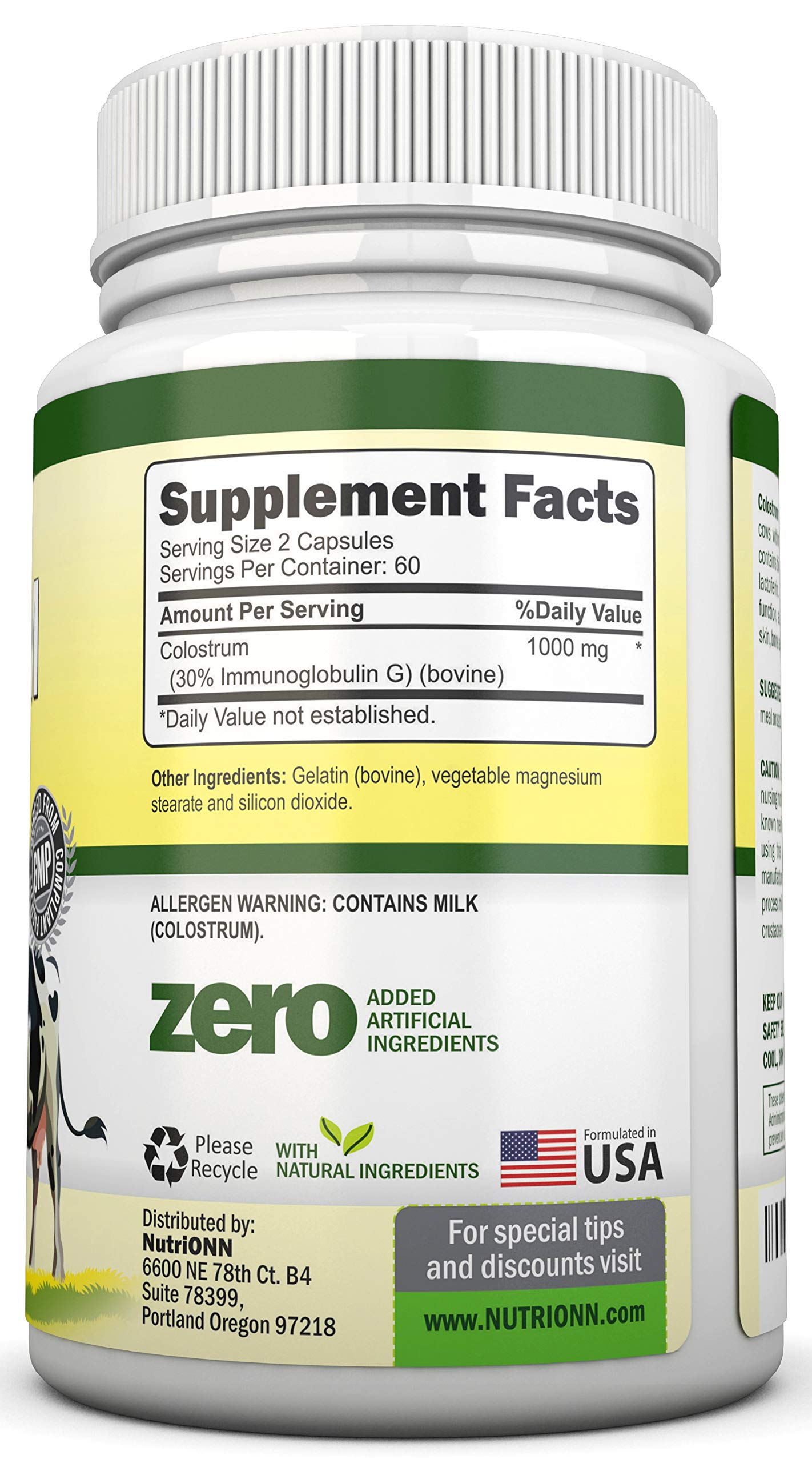 NutriONN Colostrum capsules stacked for convenient daily intake.