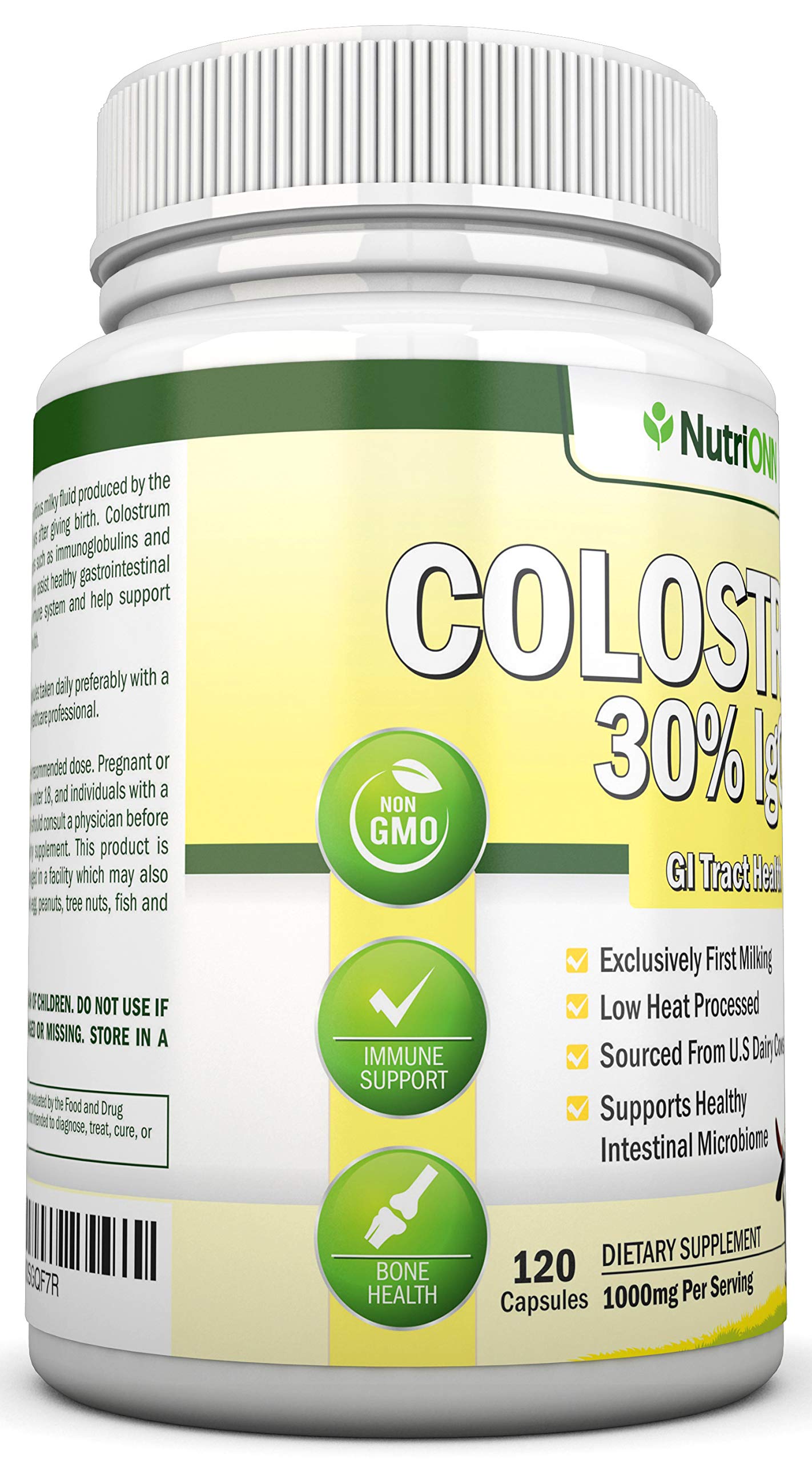 Close-up of 30% IgG detail on NutriONN Colostrum packaging.