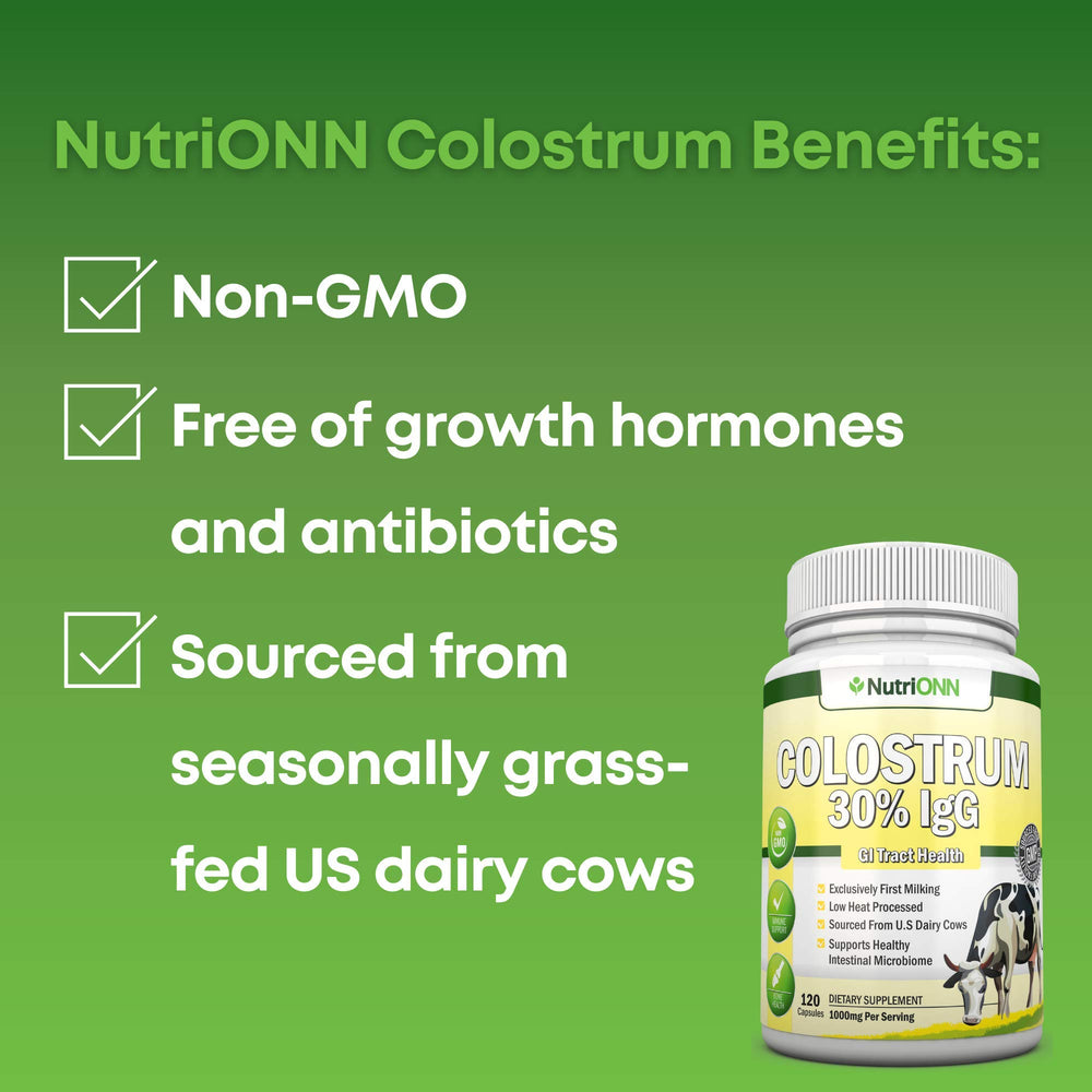 NutriONN Colostrum bottle beside glass suggesting easy daily use.