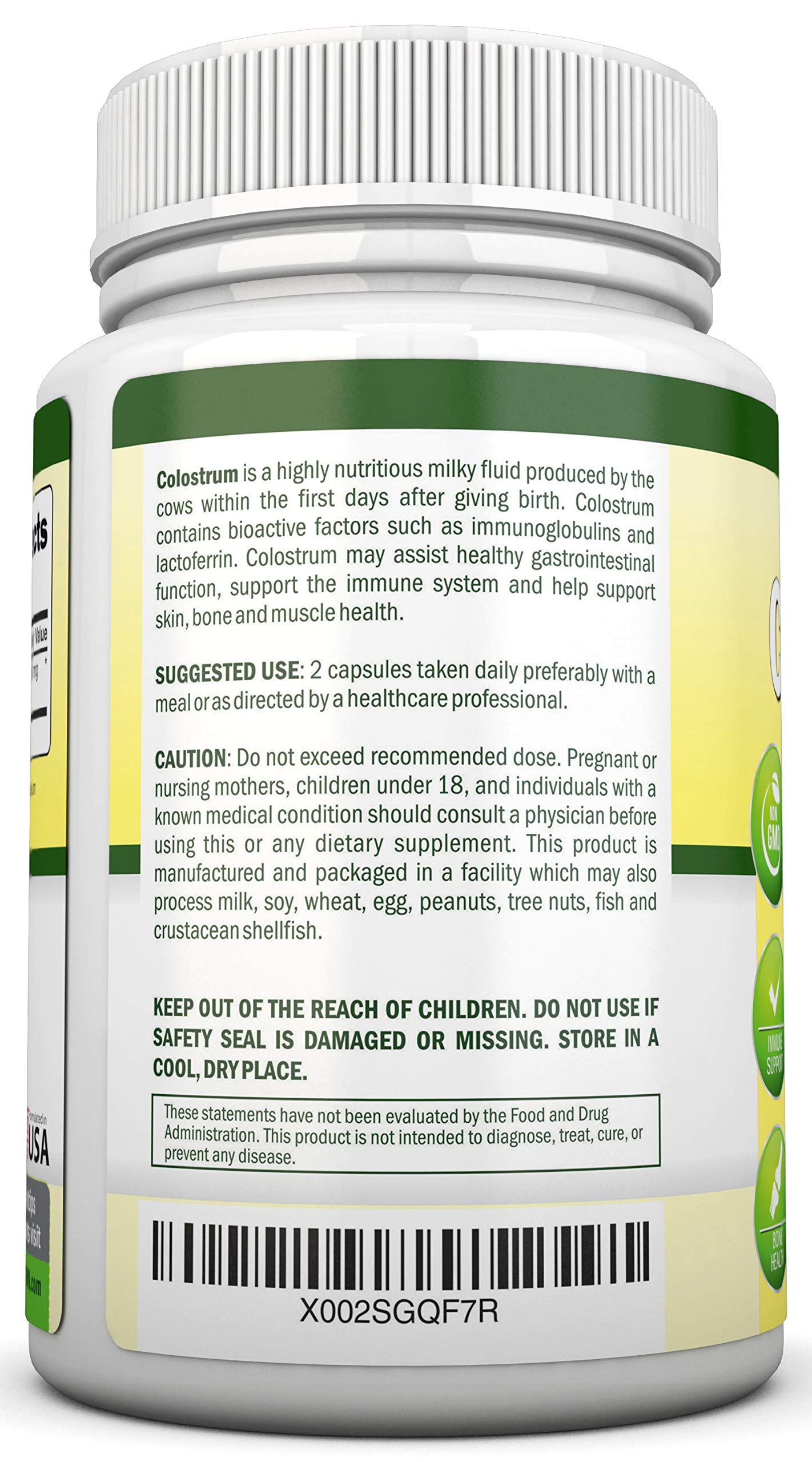 NutriONN Colostrum label close-up with first milking and processing notes.