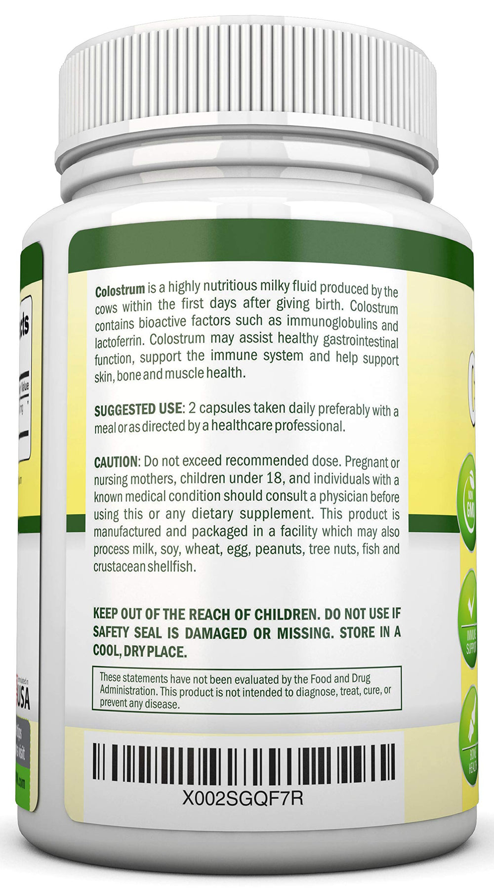 NutriONN Colostrum label close-up with first milking and processing notes.