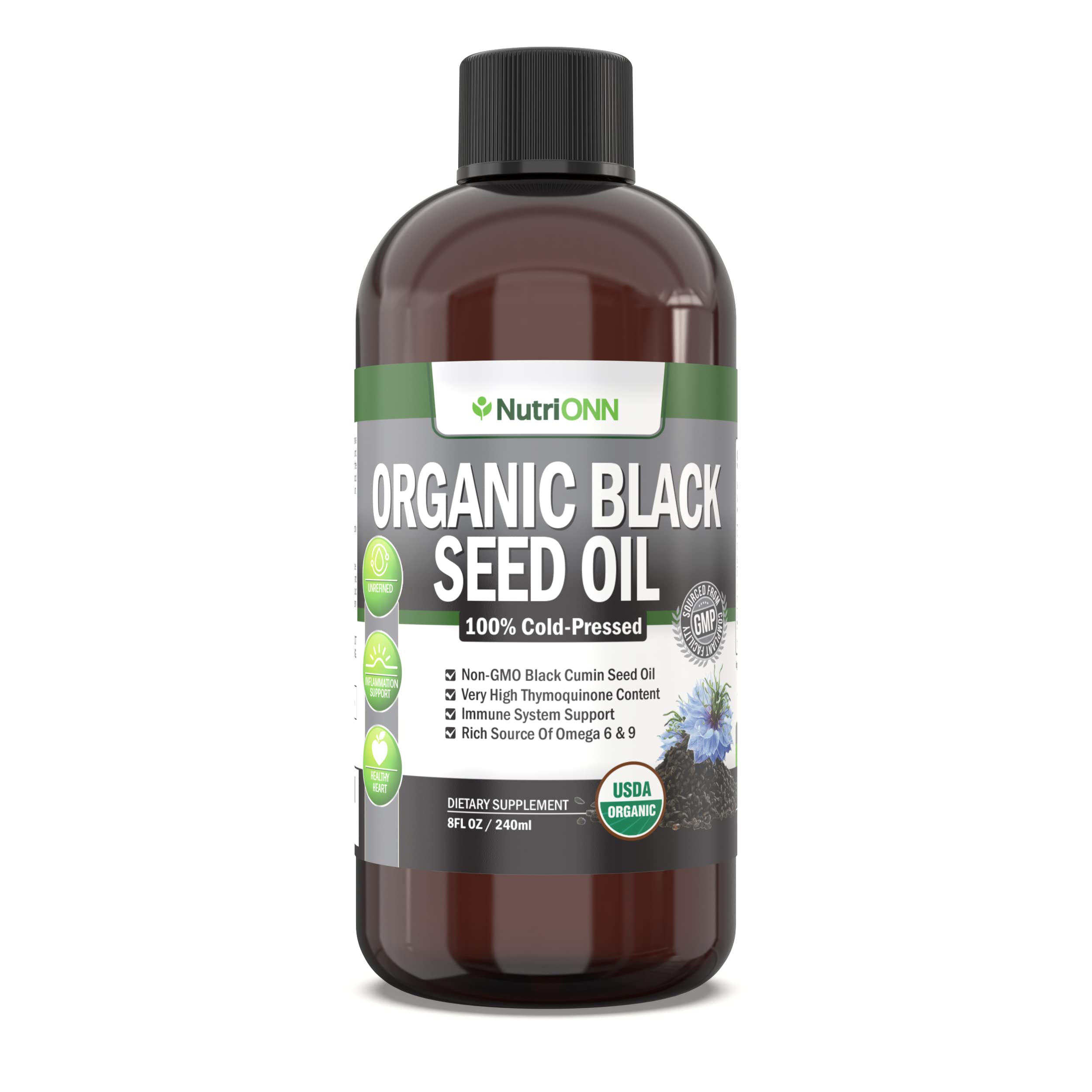 NutriONN Organic Black Seed Oil bottle on a kitchen counter for daily use.