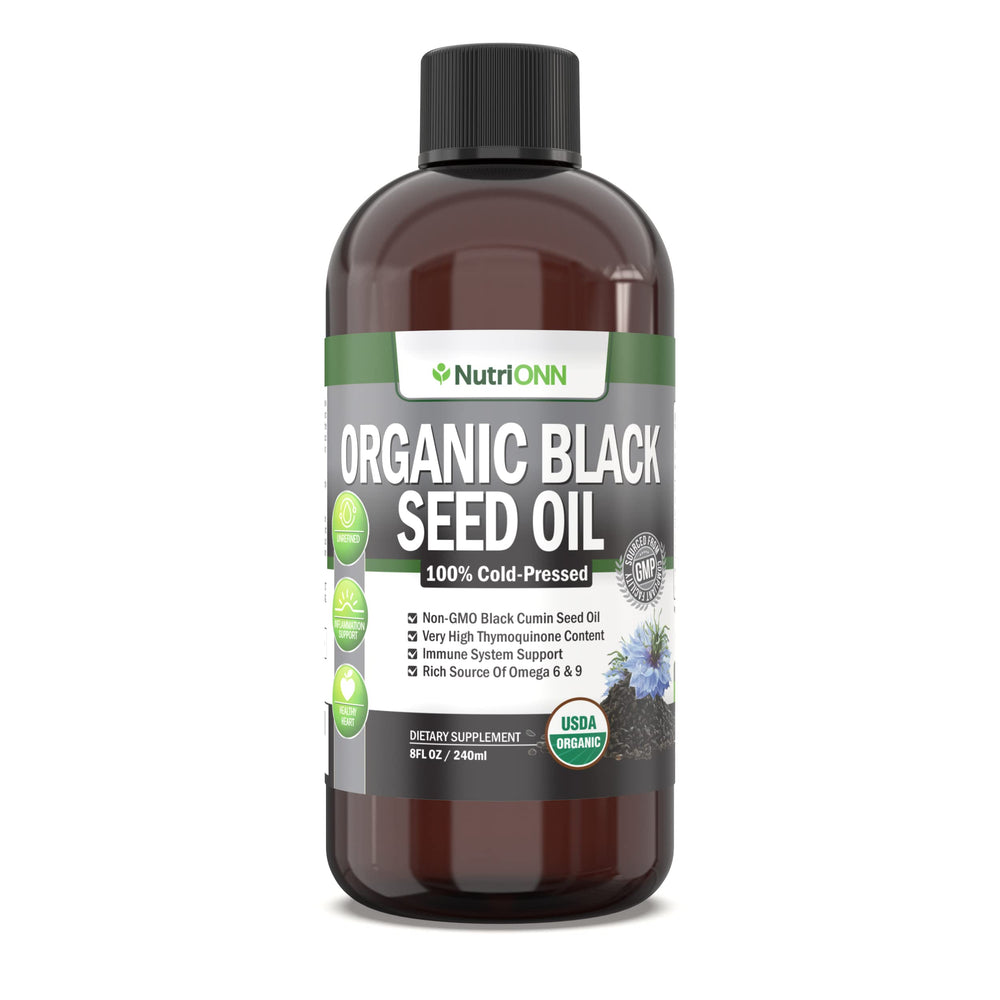 NutriONN Organic Black Seed Oil bottle on a kitchen counter for daily use.
