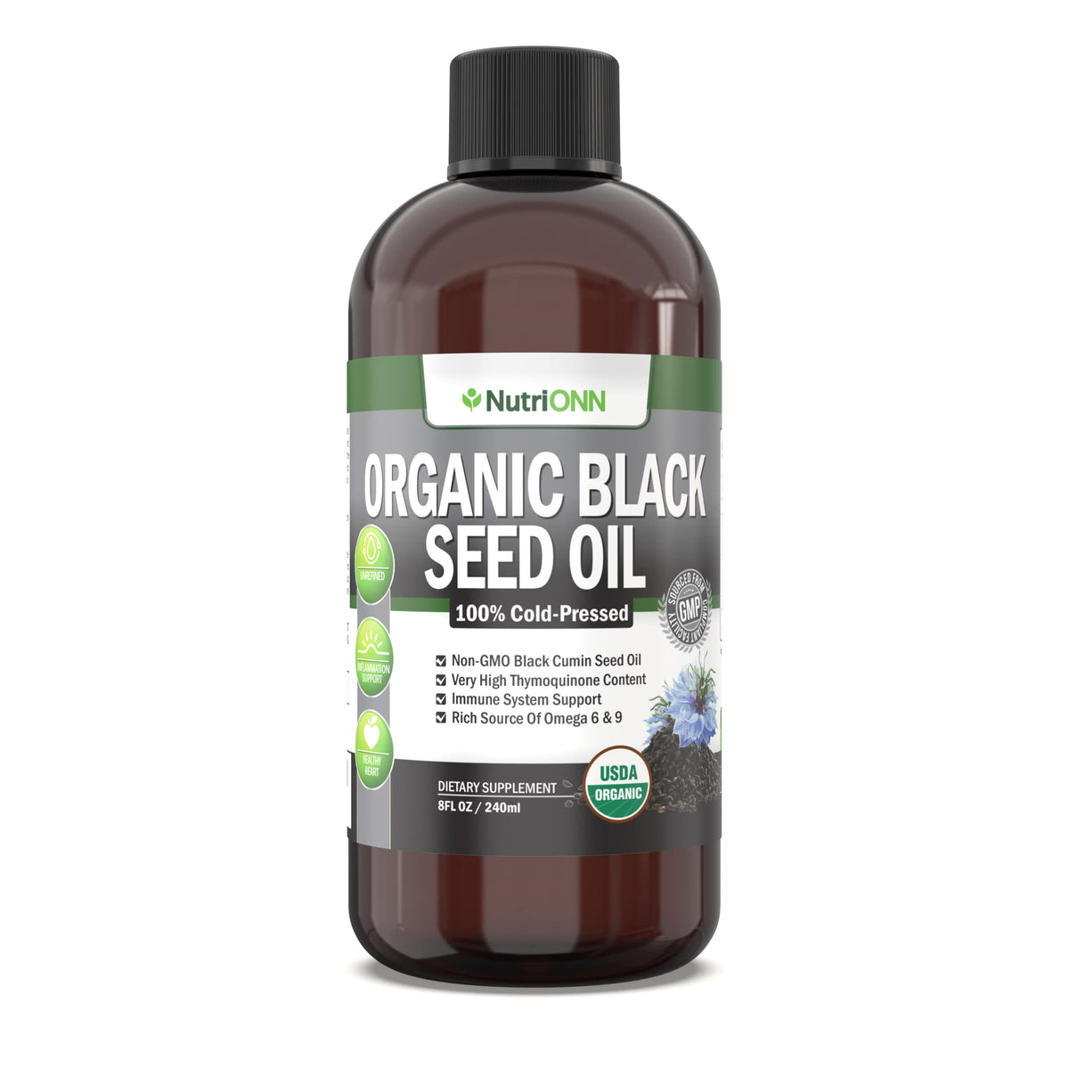 NutriONN Organic Black Seed Oil bottle on a kitchen counter for daily use.