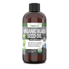 NutriONN Organic Black Seed Oil bottle on a kitchen counter for daily use.