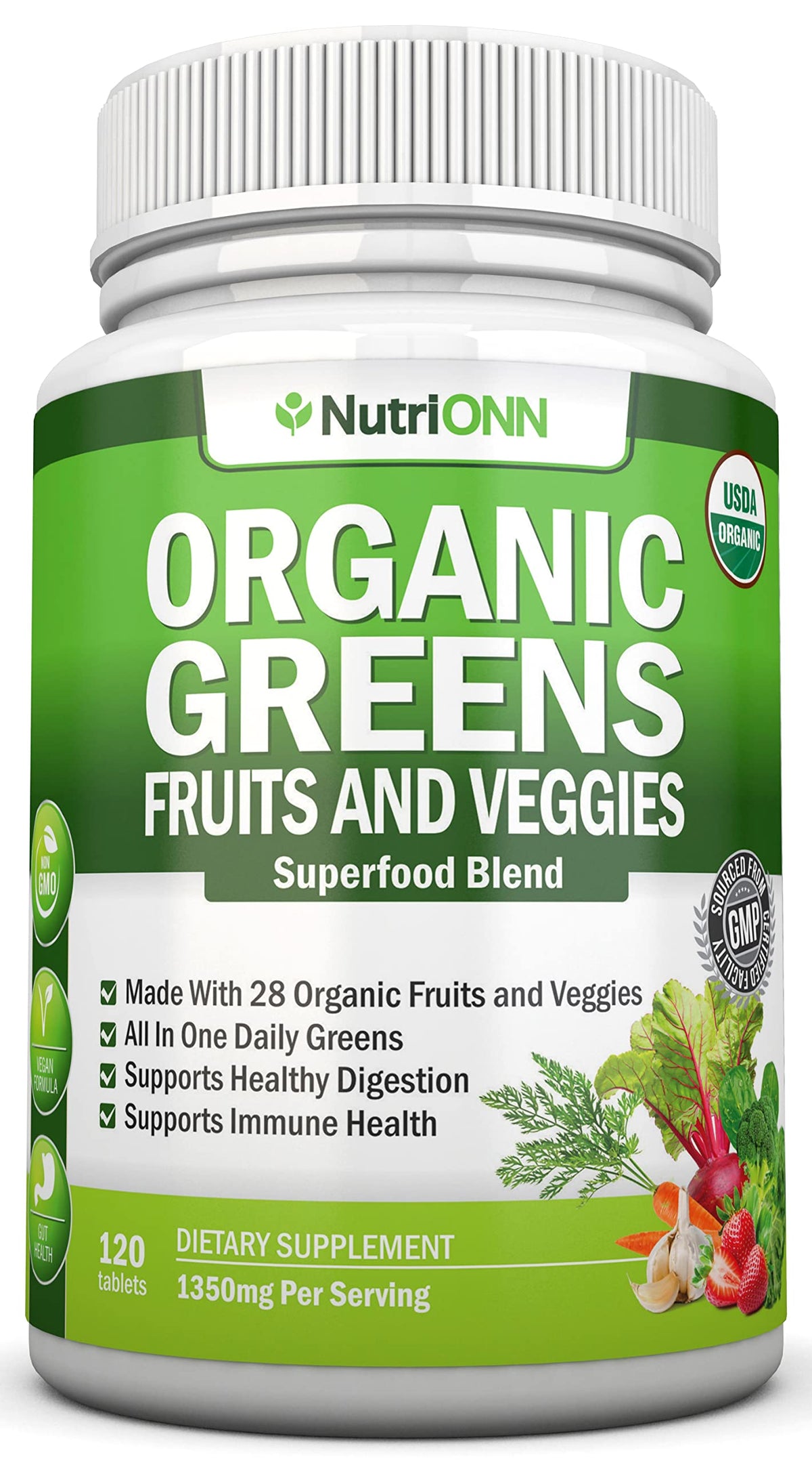 NutriONN Organic Super Greens bottle showing convenient capsule format for daily nutrition.