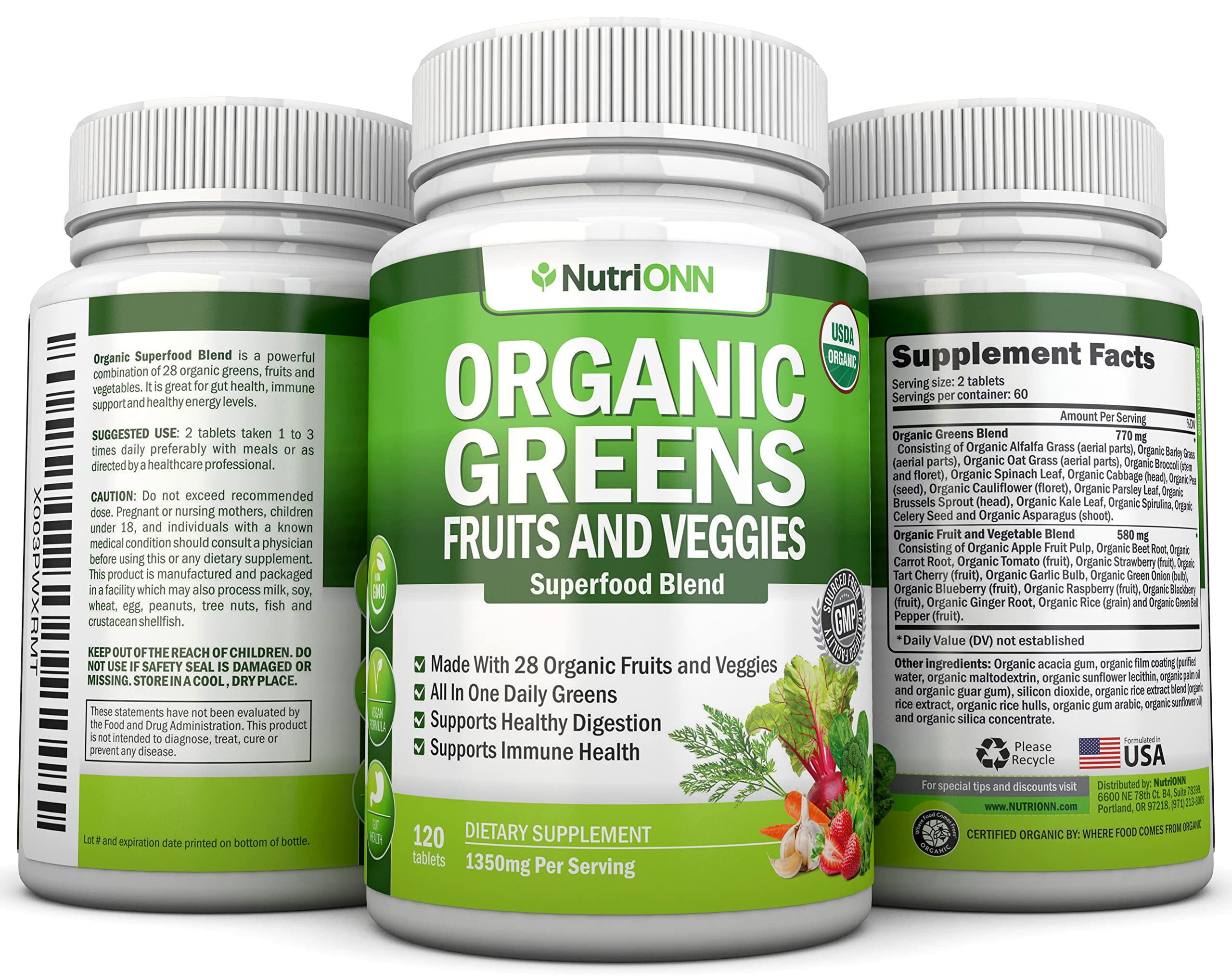 NutriONN Organic Super Greens ingredients list emphasizes vegan organic nutrition.
