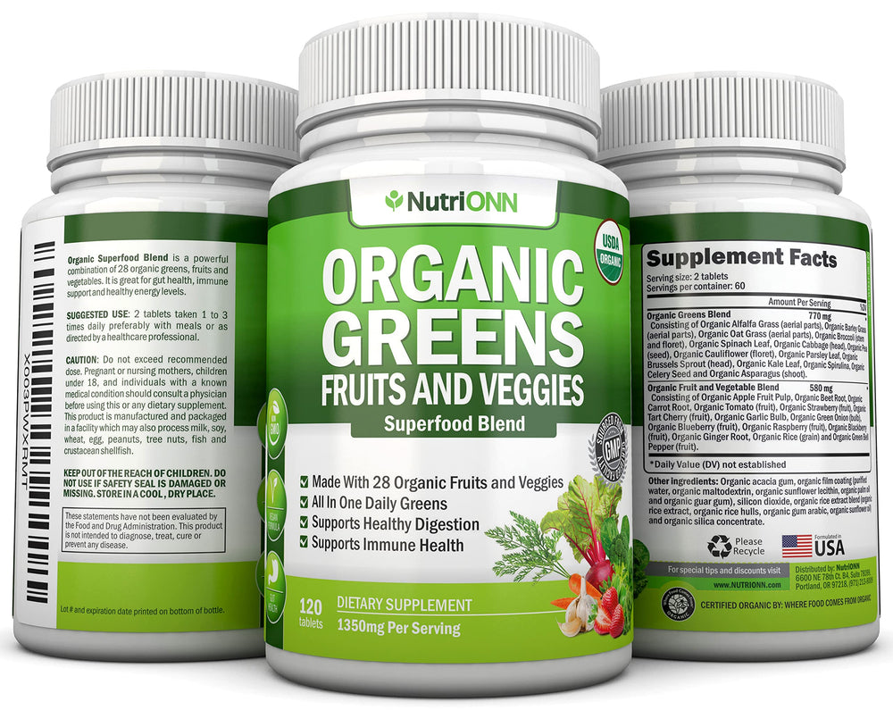 NutriONN Organic Super Greens ingredients list emphasizes vegan organic nutrition.