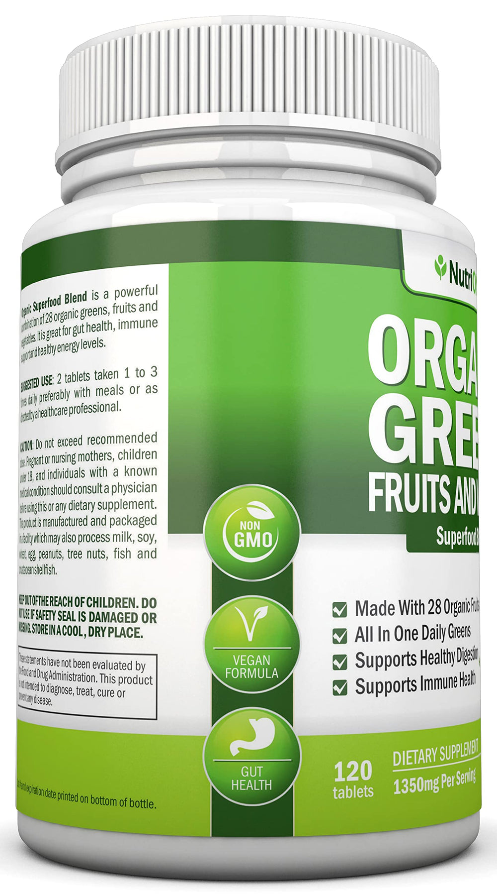 NutriONN Organic Super Greens label highlighting 28 organic ingredients.