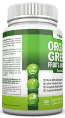 NutriONN Organic Super Greens label highlighting 28 organic ingredients.