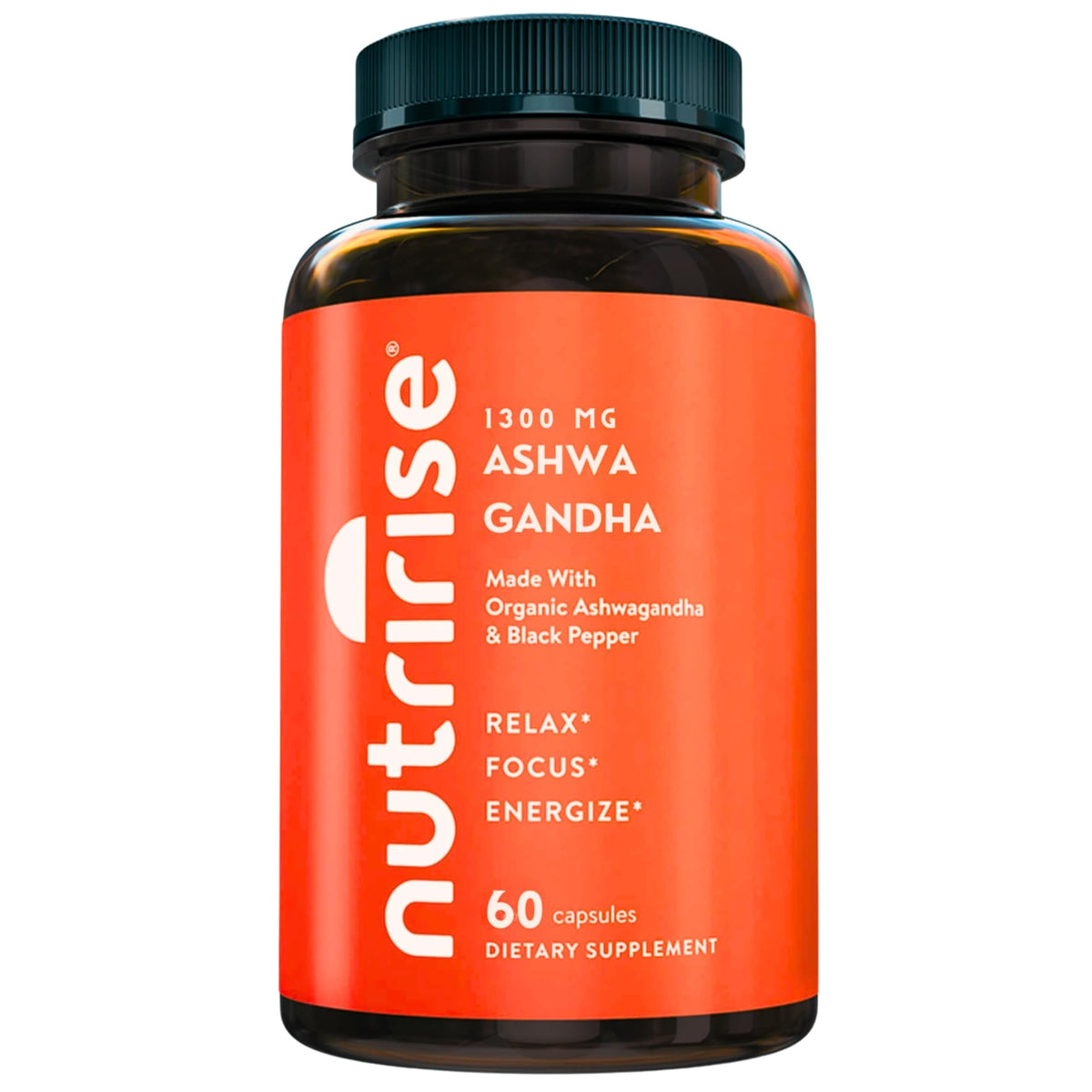 NutriRise Ashwagandha bottle front promoting calm energy and resilience.