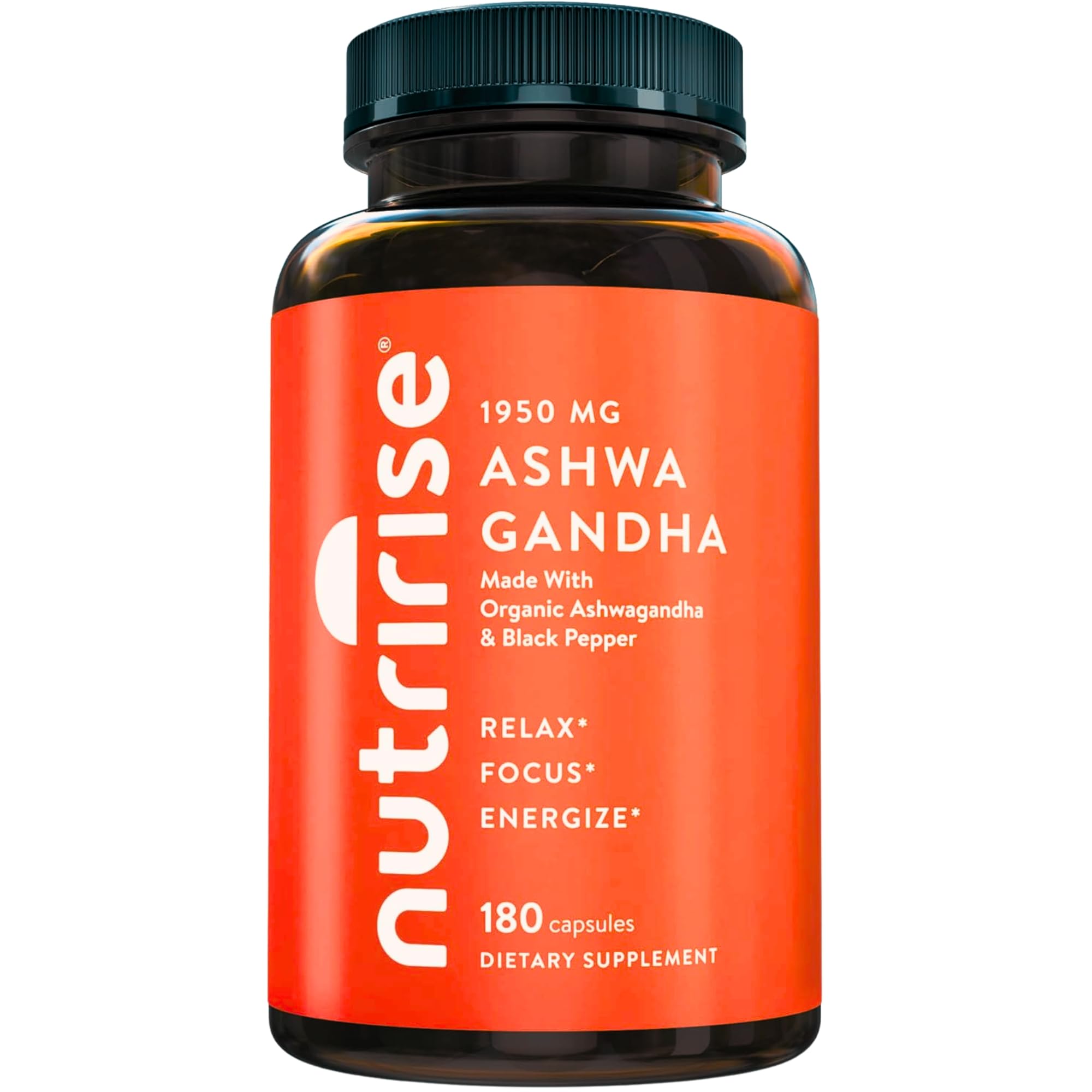 NutriRise Ashwagandha bottle front promotes calm energy and natural stress support