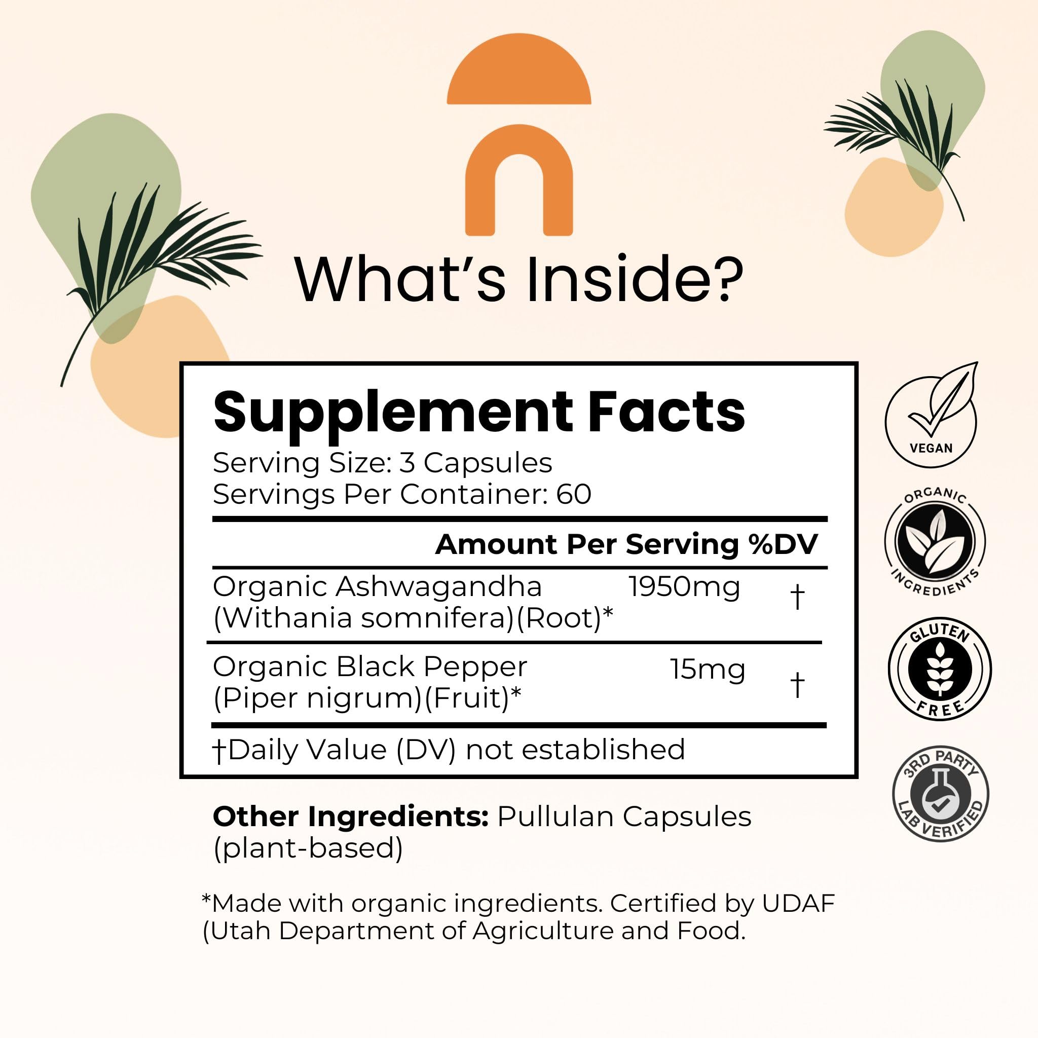 NutriRise Ashwagandha bottle label shows organic root extract and pepper-enhanced absorption
