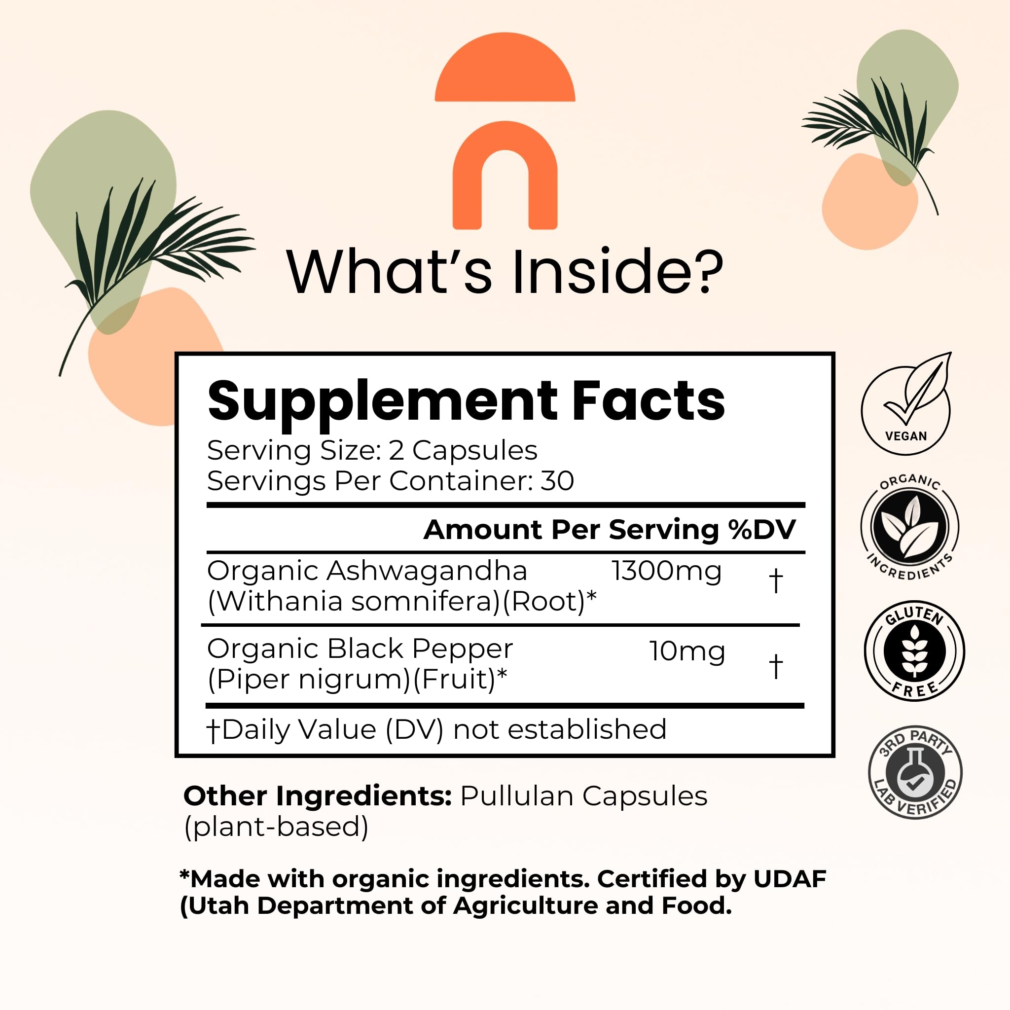NutriRise Ashwagandha capsules pour highlighting 1300mg potency for stress support.