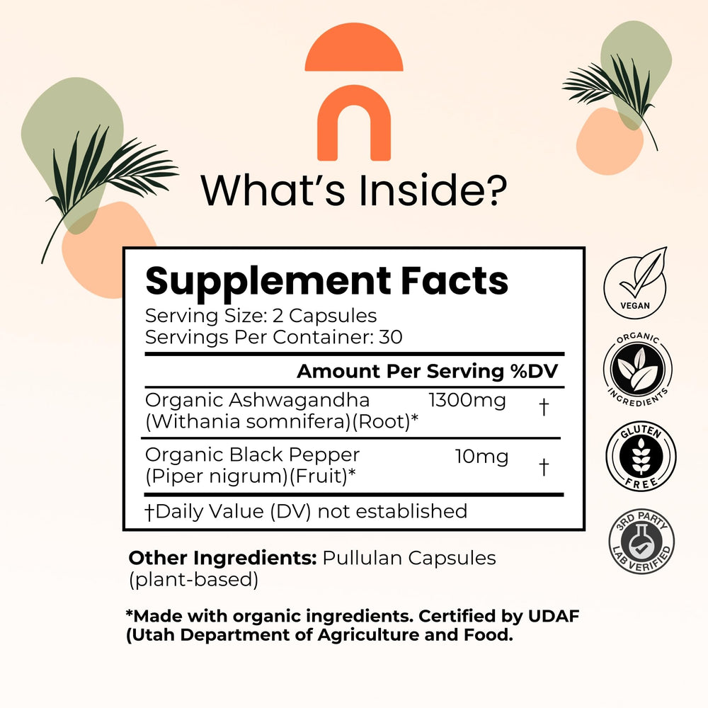 NutriRise Ashwagandha capsules pour highlighting 1300mg potency for stress support.