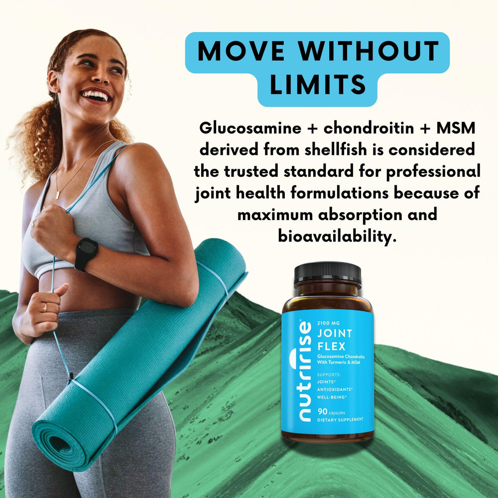 NutriRise Joint Flex on a fitness mat, suggesting an active lifestyle.