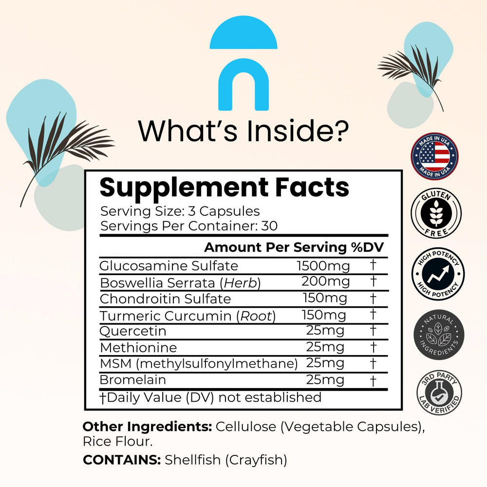 NutriRise Joint Flex capsules close-up highlighting white capsules and gluten-free formula.
