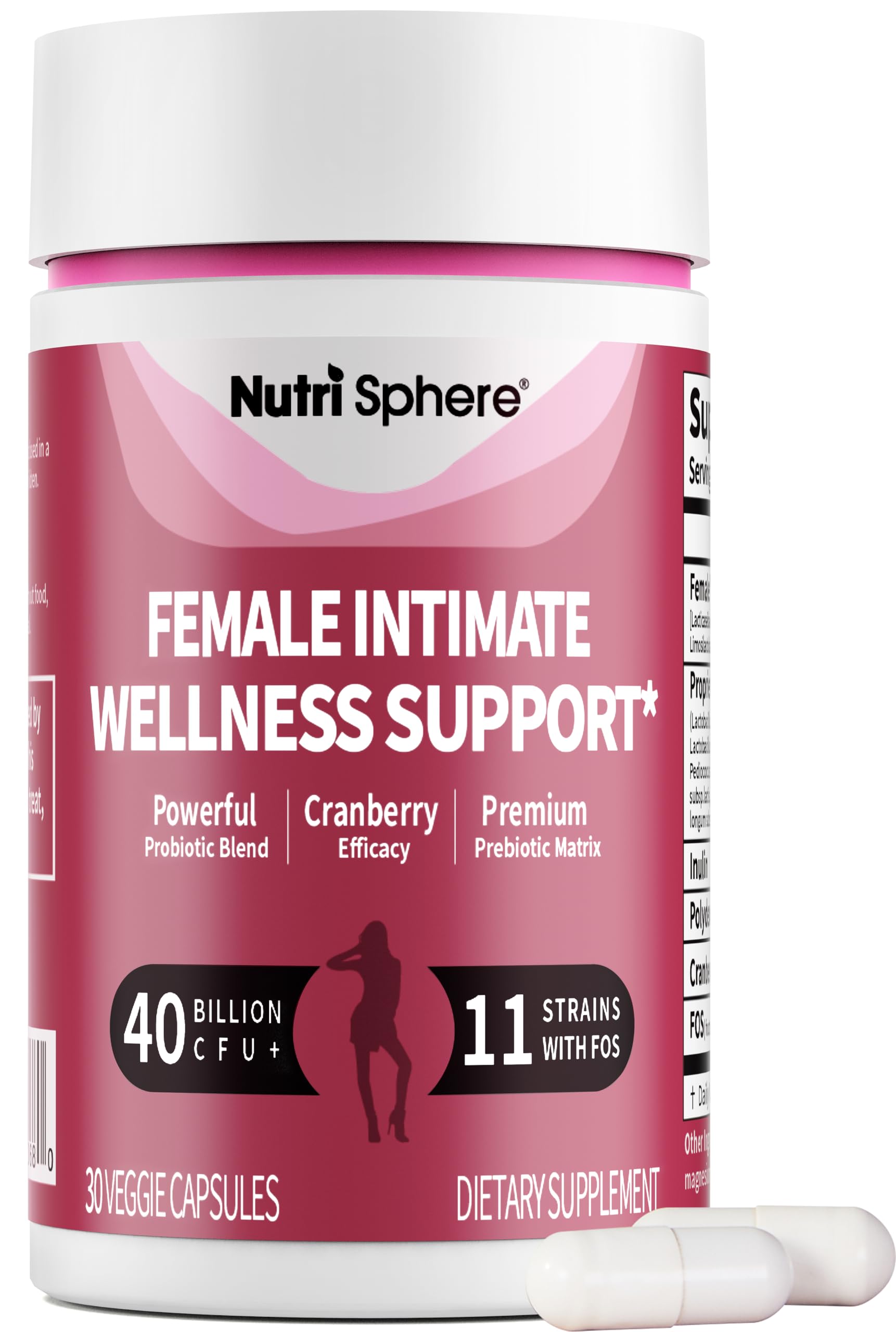 NutriShpere Women’s Probiotics bottle showing 40 Billion CFU and 11 strains for daily balance