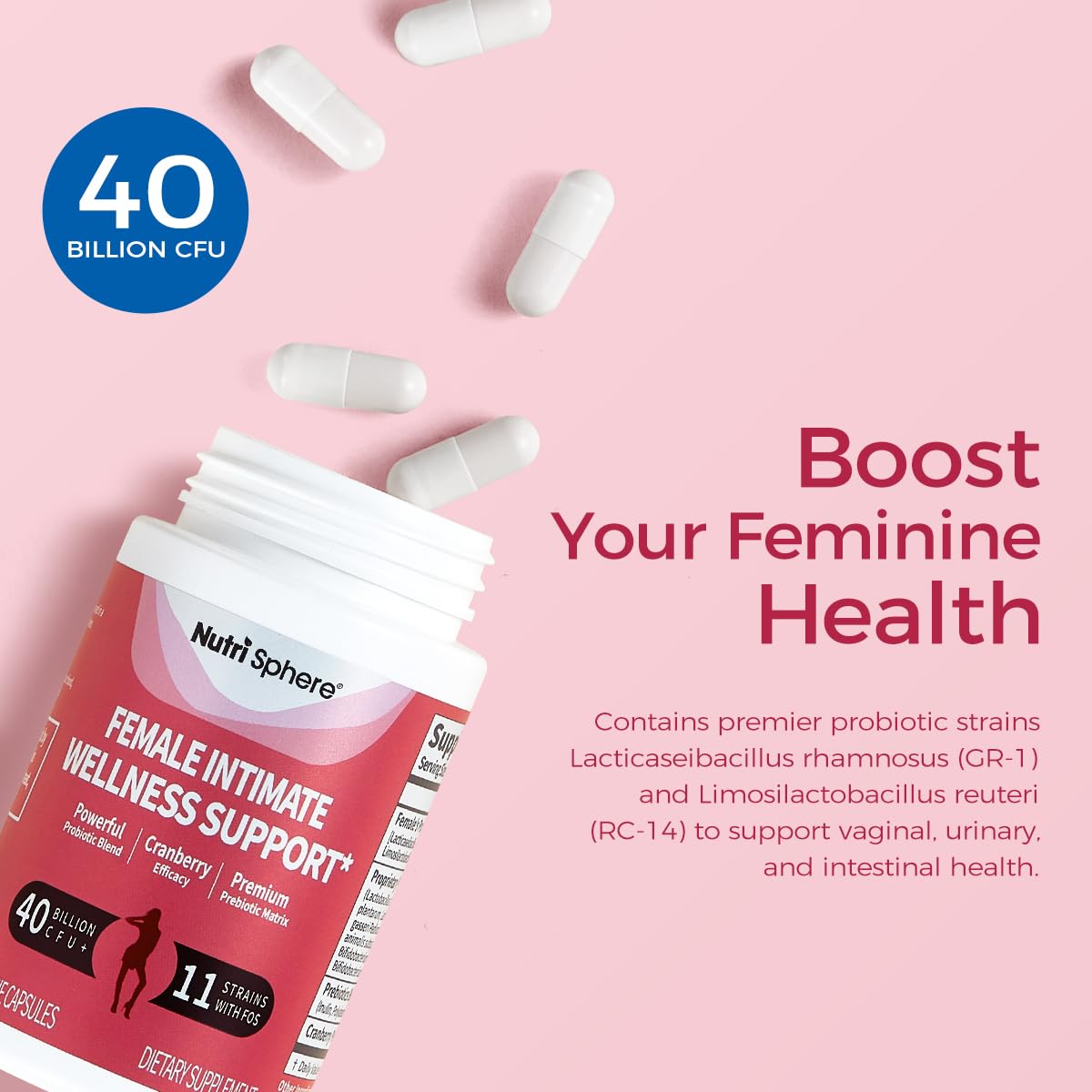 NutriShpere probiotic capsules close-up highlighting easy-to-swallow form