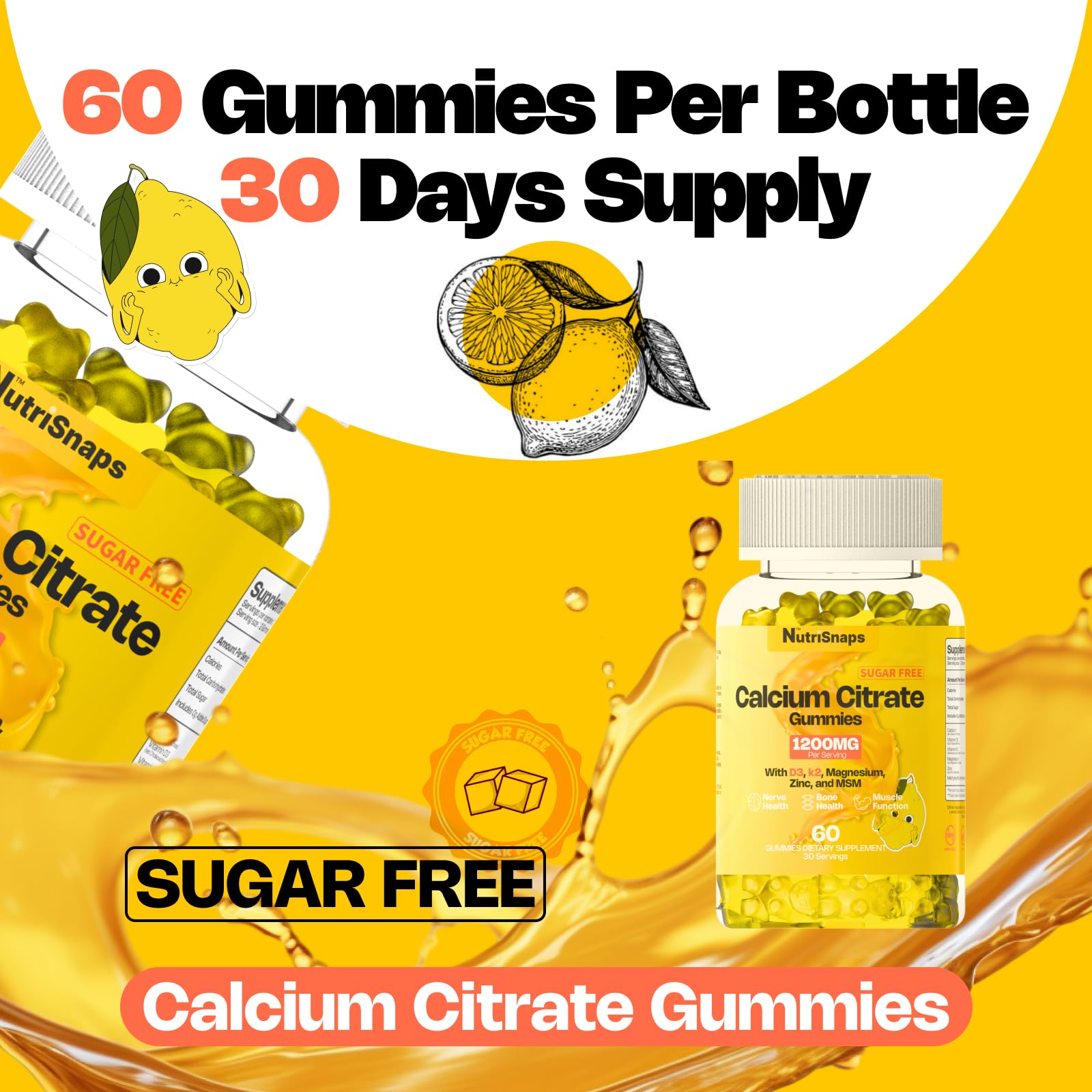 Nutrisnaps 60-count bottle close-up highlighting high calcium per serving