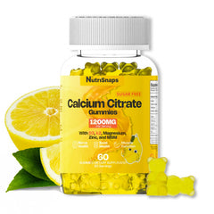 Nutrisnaps calcium citrate gummies bottle showing 1200 mg calcium and D3 for bone support